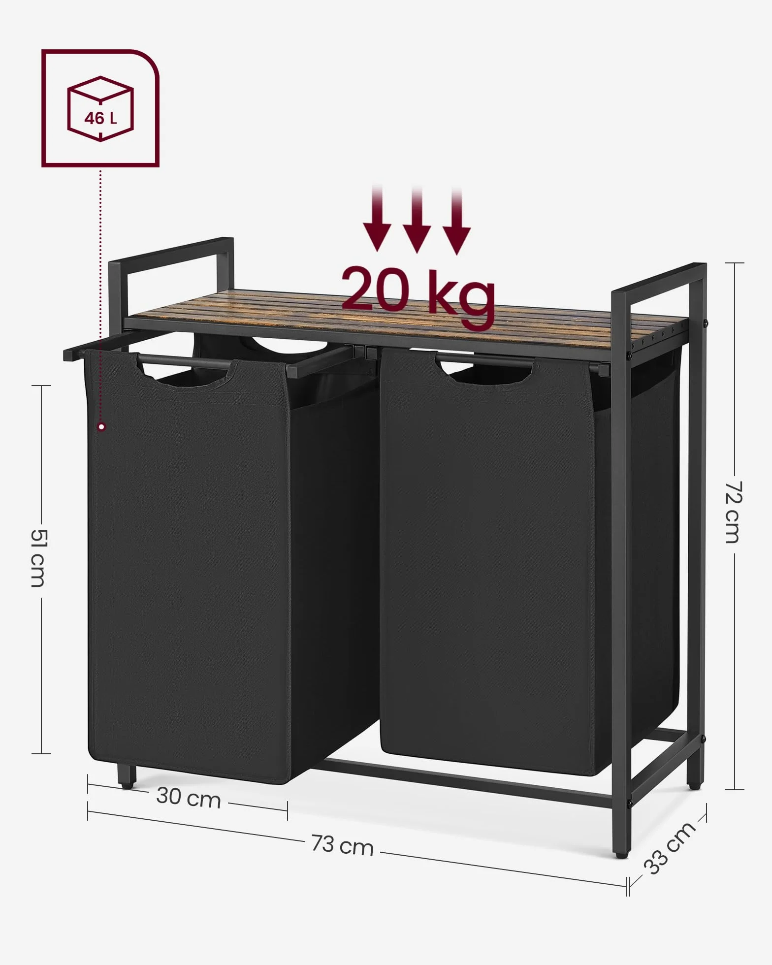 VASAGLE kosz na pranie 2 x 46L 73 x 33 x 72 cm metalowa rama rustykalny brąz i czarny