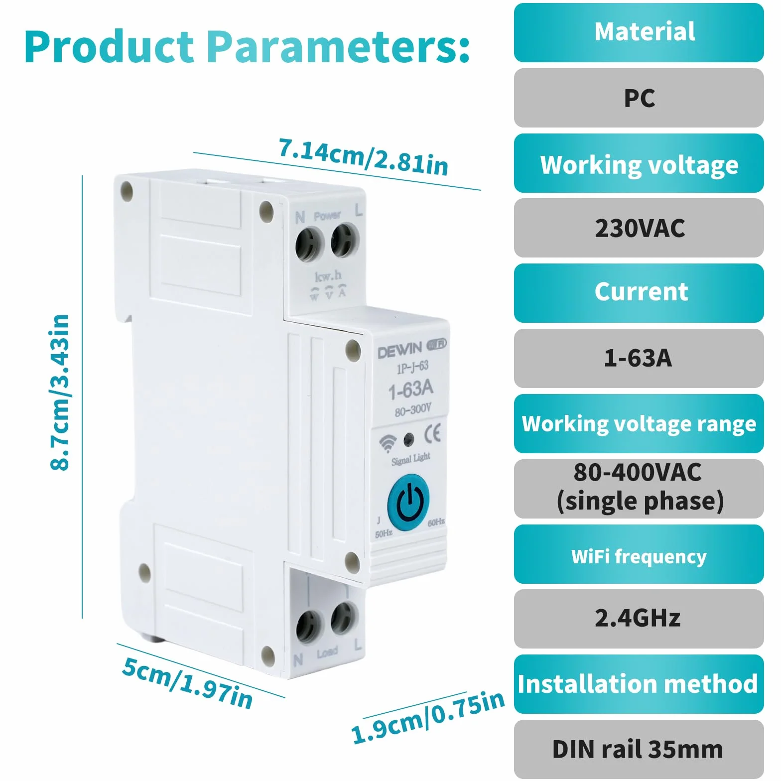 DEWIN Din Rail Circuit Breaker, Tuya WiFi inteligentny wyłącznik obwodu z pomiarem mocy do inteligentnego domu pilot zdalnego sterowania przełącznik 1P 63A AC 220V