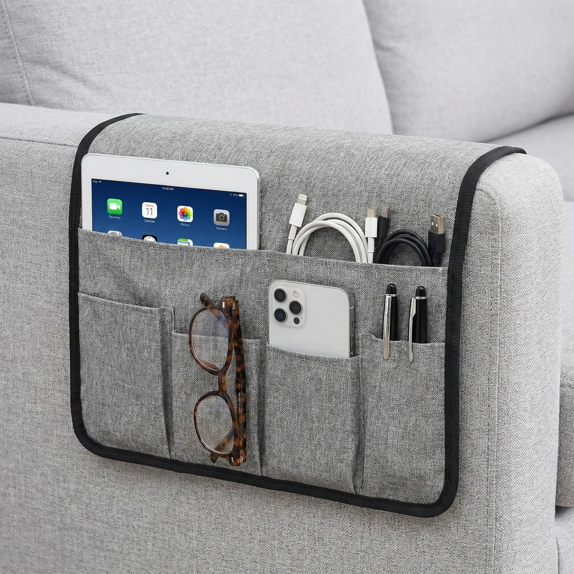 Volumoon Organizer na sofę, podłokietniki, antypoślizgowy, do zawieszenia fotela, 5 kieszeni, na telefon komórkowy, iPad, książkę, czasopisma, pilot do TV, tablety, okulary (kolor szary)