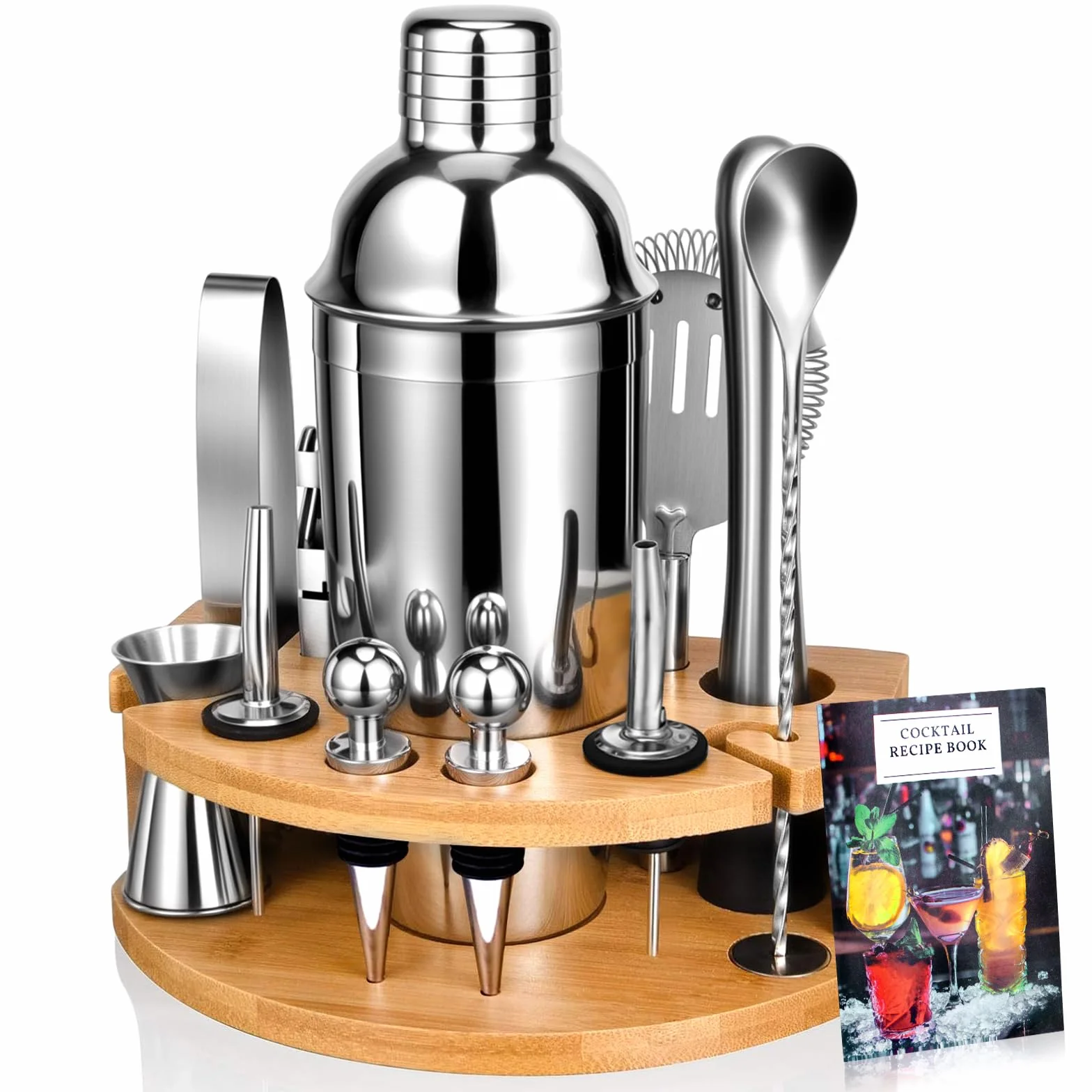 Zestaw Shaker do Koktajli, 12 Elementów ze Stali Nierdzewnej, Zestaw Akcesoriów Barowych, 750ml Shaker do Koktajli, Zestaw Mikserów do Koktajli, z Drewnianą Podstawą do Domu Lub Baru