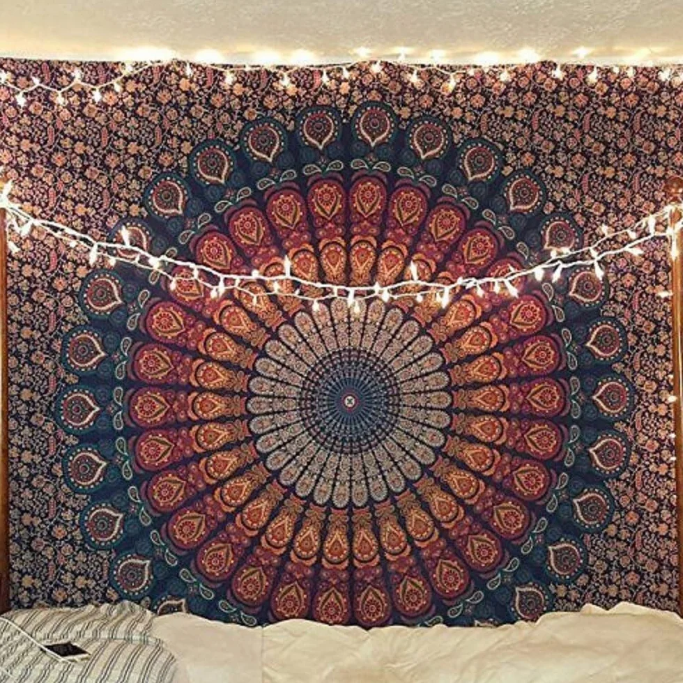 RAJRANG Gobelin z mandalą do sypialni, 213 x 230 cm, 100% bawełna, sztuka wisząca, ręcznik plażowy, paw, narzuta, boho, estetyczna dekoracja domu, gobeliny z piórami, złoto-niebieski