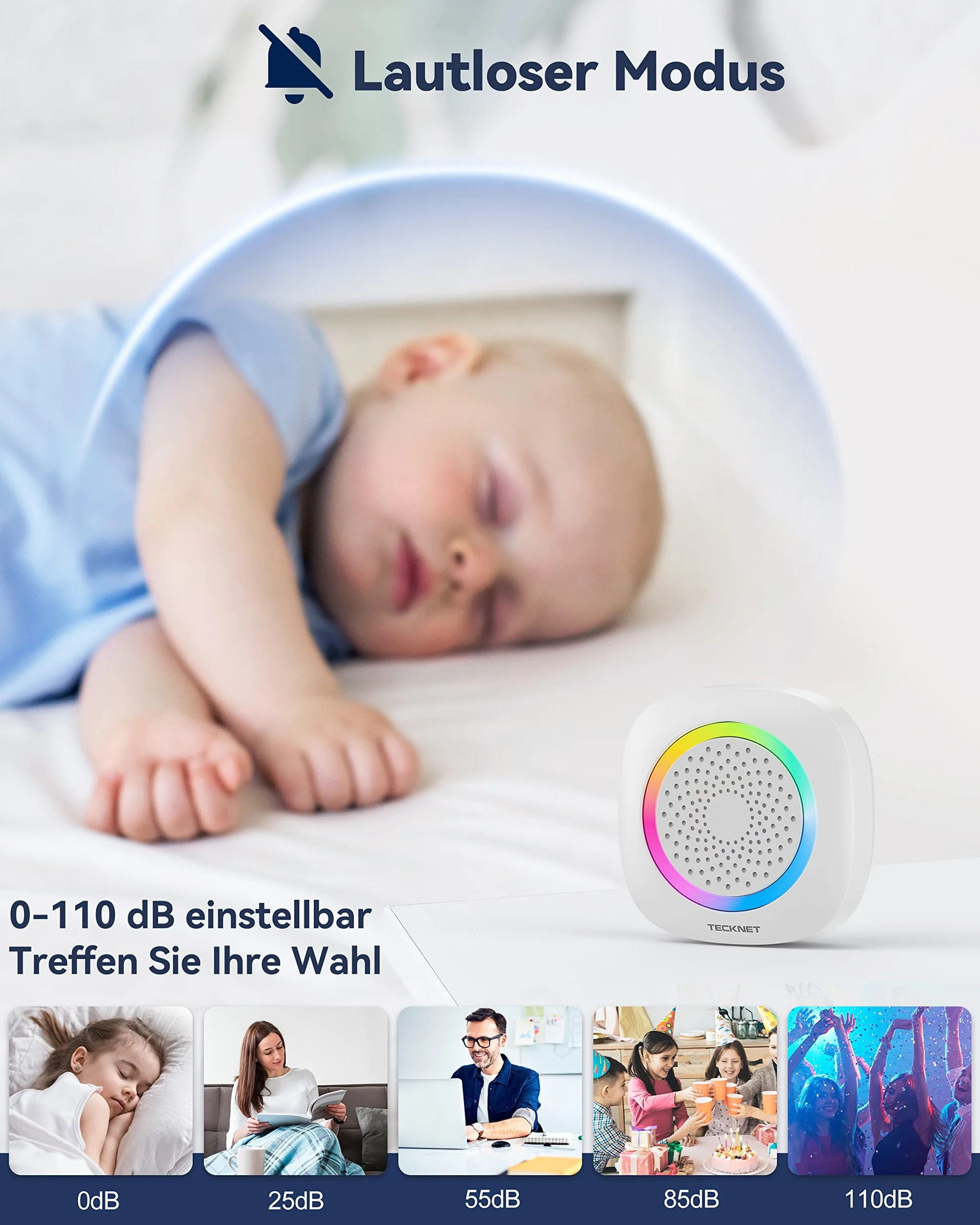 TECKNET Bezprzewodowy Dzwonek z 2 Przenośnymi Odbiornikami, Dzwonienie z RGB, Na baterie, IP66, Zestaw Dzwonków Wodoodpornych, Zasięg 1300ft, 60 Melodii i 5 Poziomów Głośności, Czas Pracy do 4,5 Roku