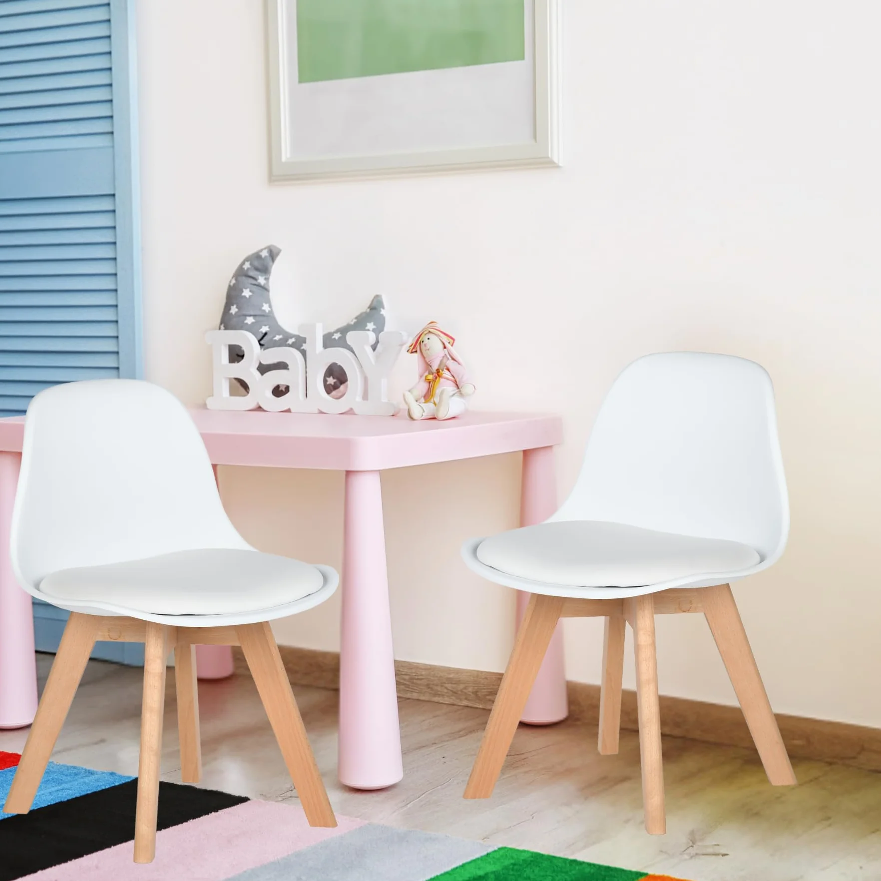 FurnitureR Krzesło dziecięce z szerokim, miękkim siedziskiem, nogi z litego drewna bukowego, stabilne krzesło dziecięce z oparciem, odpowiednie dla dzieci w wieku 1-6 lat, polipropylen (PP) + PU,