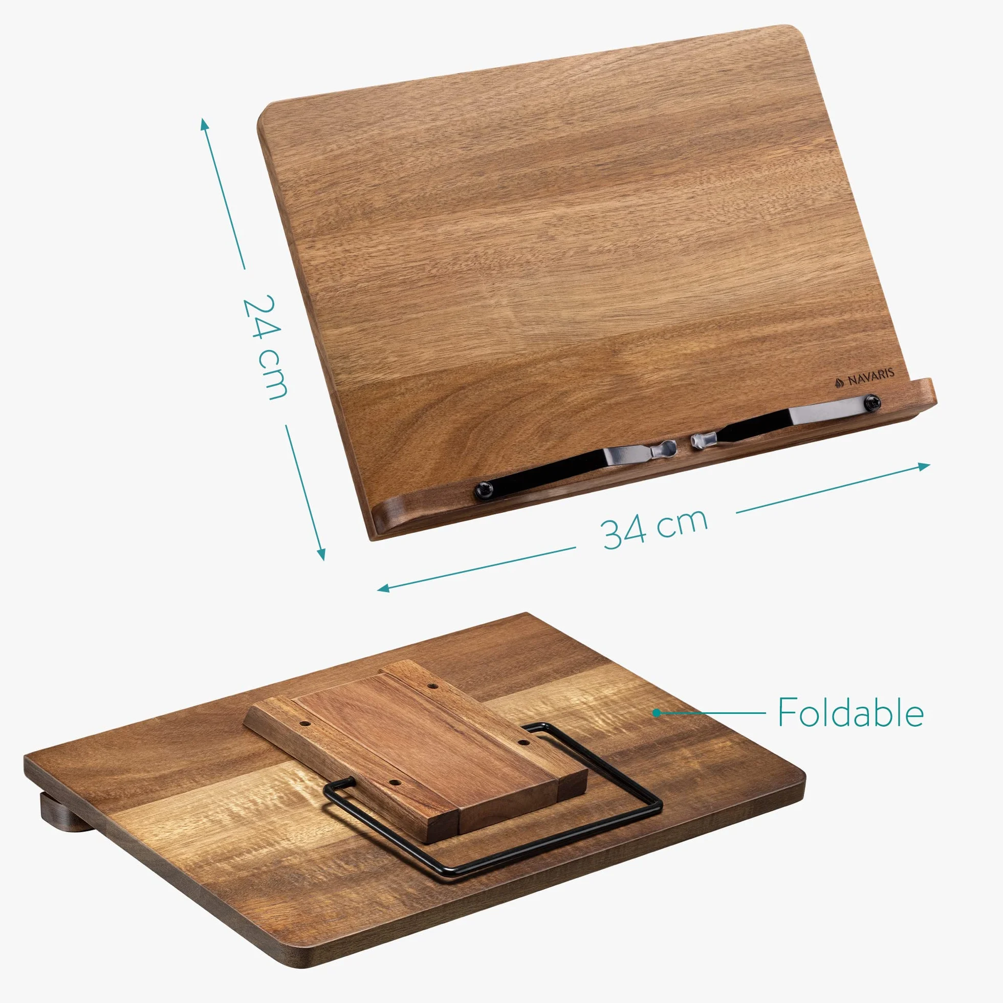 Navaris Stojak na książki kompatybilny ze stojakiem na iPad, 33 x 24 cm podpórka na książki z drewna akacjowego, na biurko lub do kuchni