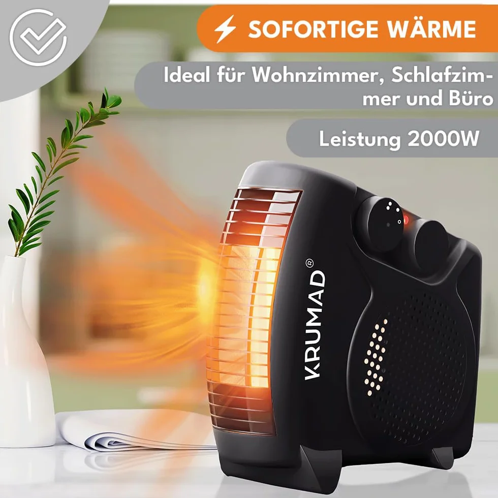 KRUMAD Termowentylator 2000 W z termostatem - Elektryczny grzejnik z 2 poziomami mocy i nawiewem zimnego powietrza - Przenośna nagrzewnica z zabezpieczeniem przed przegrzaniem