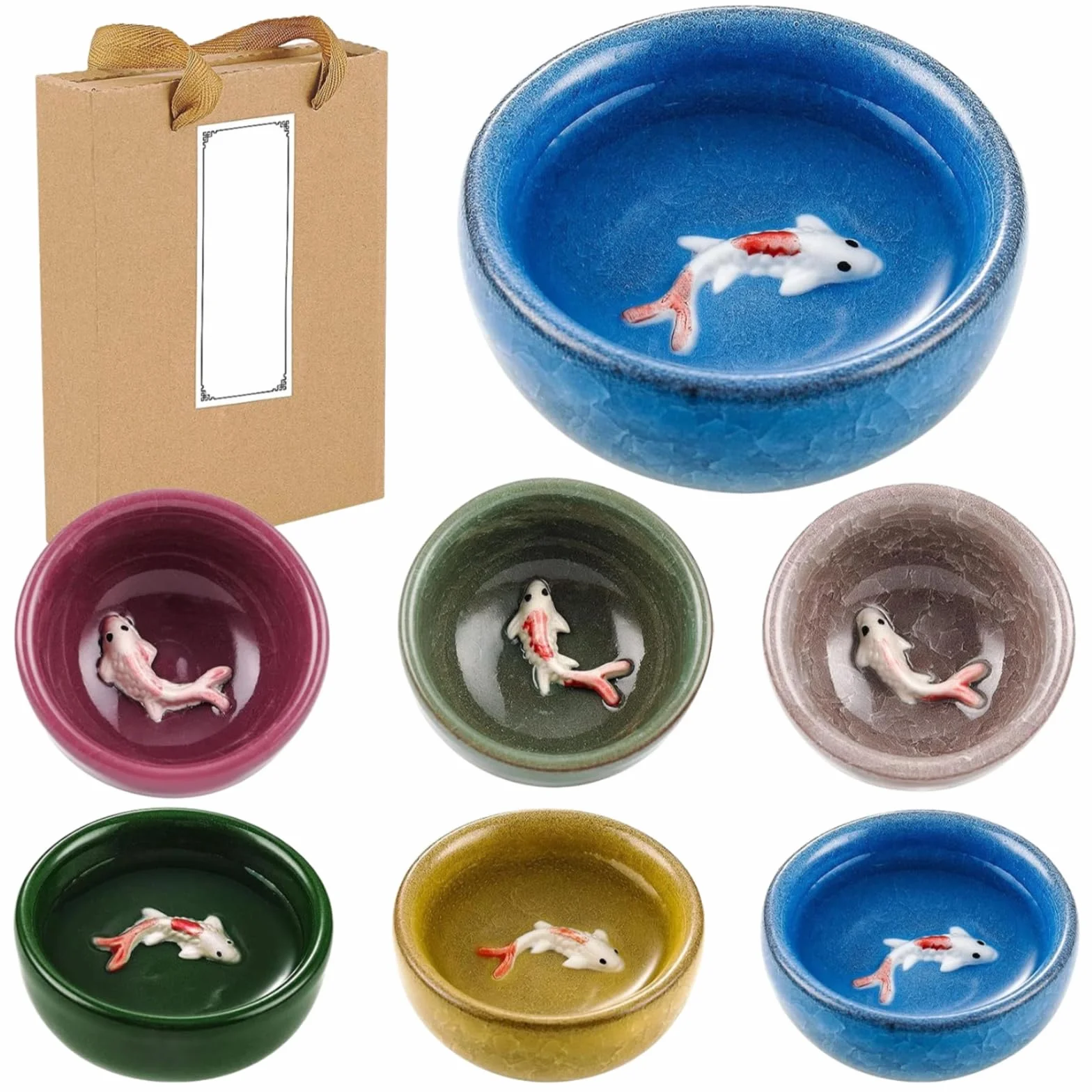 Zestaw 6 koreańskich kieliszków do likieru Soju ceramiczne ryby koi, wykończenie cracklé, małe porcelanowe kubki do herbaty do domu, restauracji, idealne do herbaty, soju, sosów