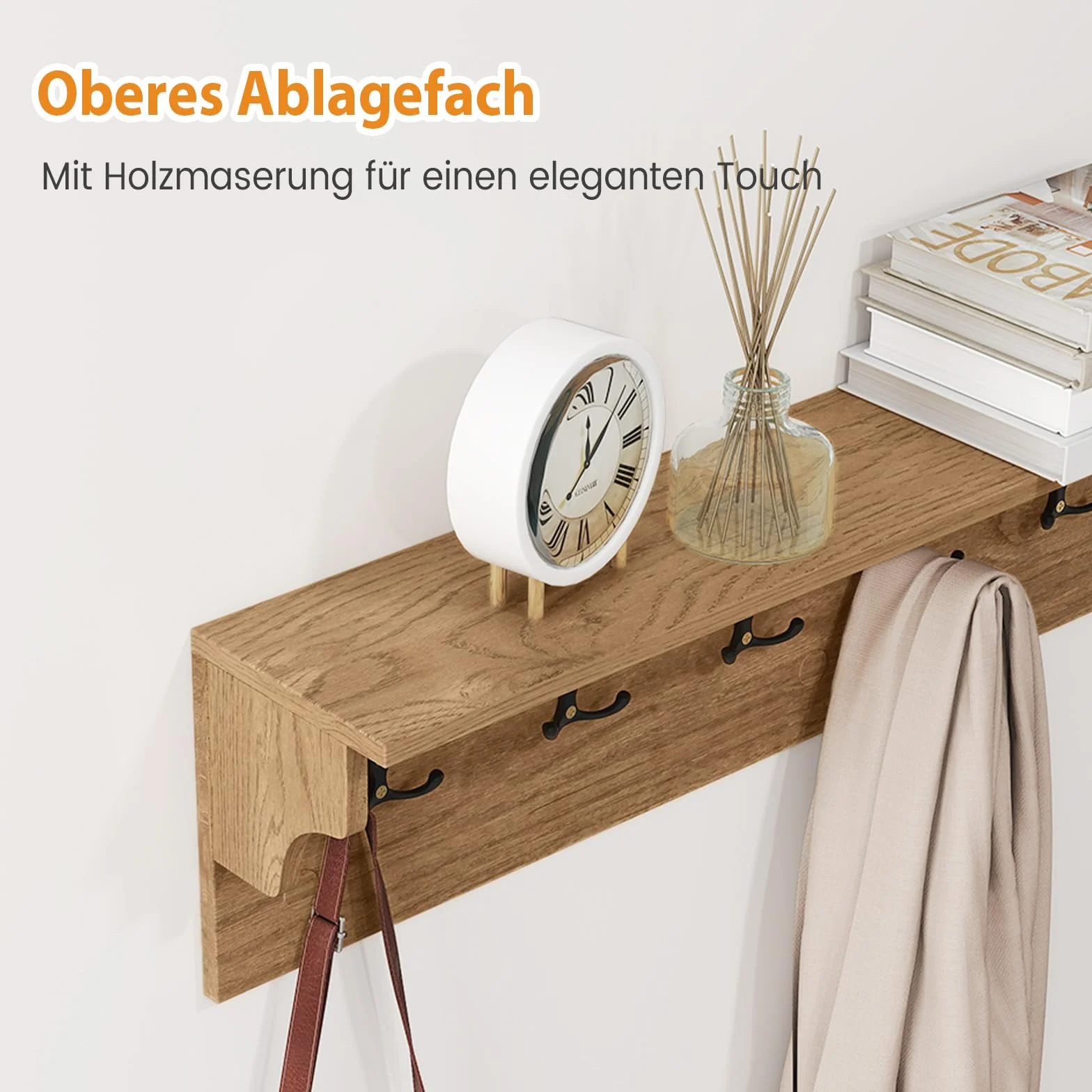 COSTWAY Garderoba Ścienna z Półką i 6 Haczykami, Drewniany Wieszak Ścienny na Ubrania i Akcesoria, Wiszący Regał do Przedpokoju, Sypialni lub Łazienki, 80 x 14 x 20 cm, Naturalny