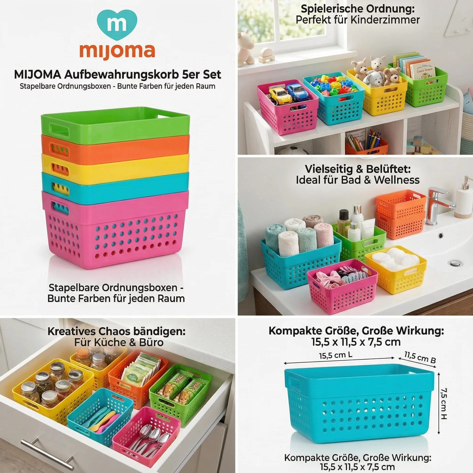 MIJOMA Kosz do przechowywania, zestaw 5 sztuk, z tworzywa sztucznego, z możliwością układania w stos, kolorowe kosze 15,5 x 11,5 x 7,5 cm – wielofunkcyjne pudełko do kuchni, łazienki, biura, pokoju