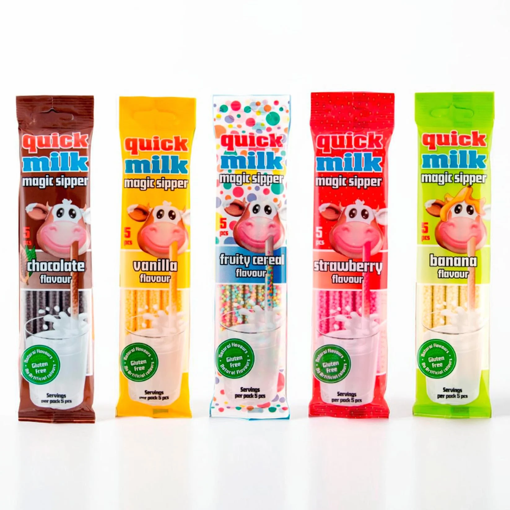 Quick Milk (NEW MIX-5) - słomki do mleka 5 opakowań (Small, Quick Milk (NEW MIX) - słomki do mleka (Fruity Cereal + Vanilla+ Banana +Chocolate + Strawberry), 5 opakowań po 5 słomek (25 słomek))