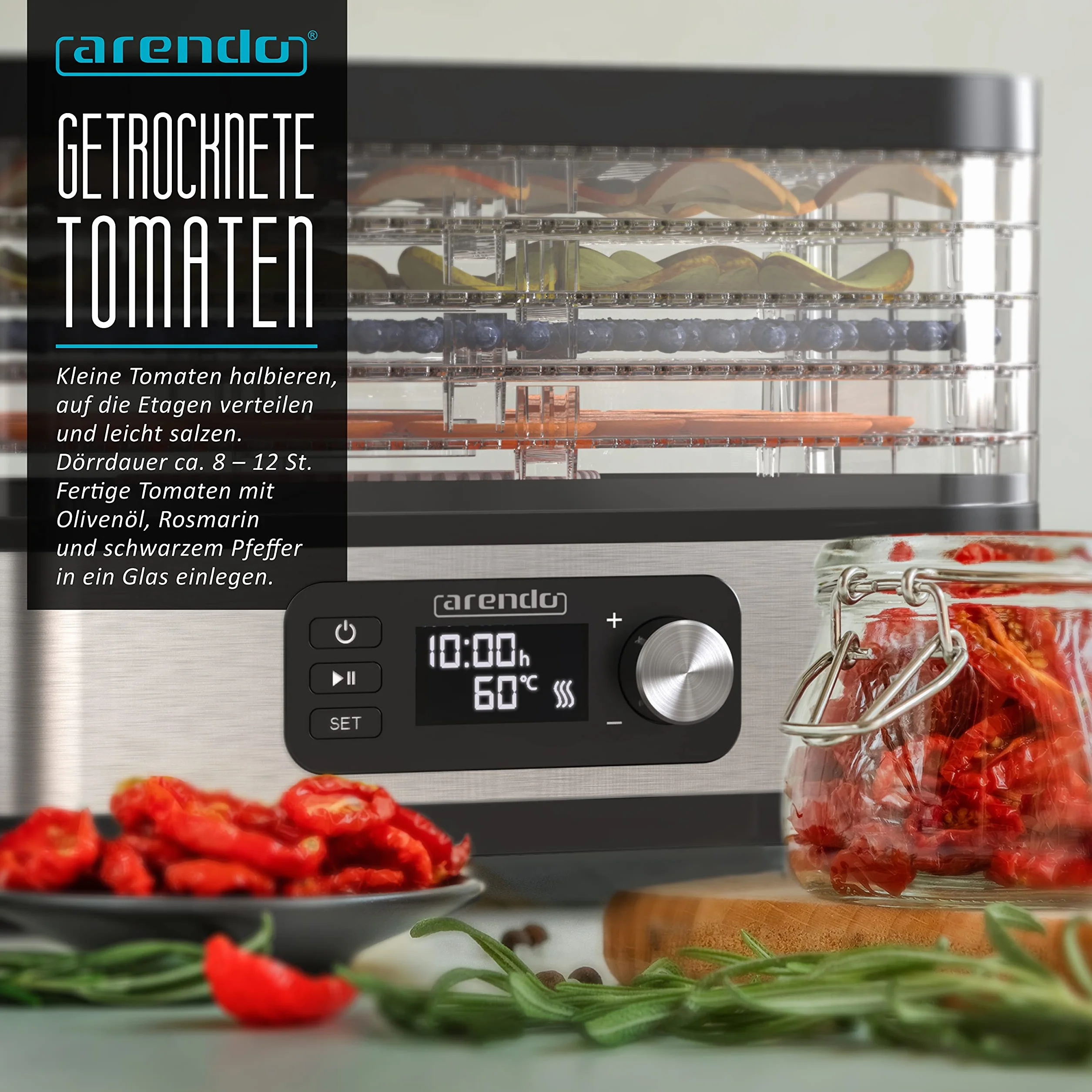 Arendo - Suszarka z regulatorem temperatury 400 W – urządzenie do suszenia żywności, mięsa, owoców, warzyw, z timerem do 24 h, 35 – 70 stopni, 5 wkładanych półek, GS – odwadniacz – nie zawiera BPA
