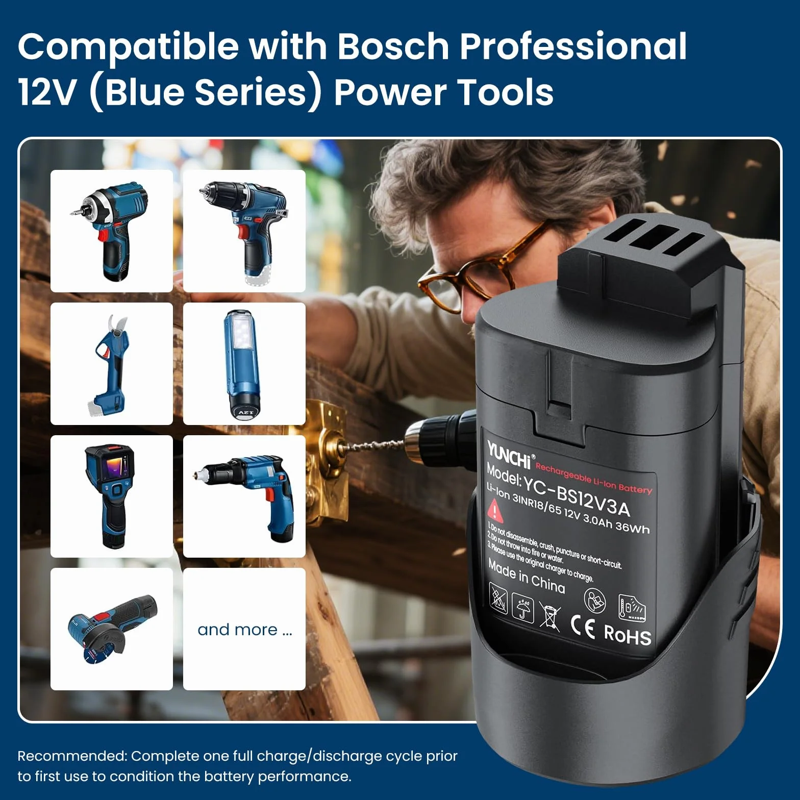 YUNCHI Akumulator zastępczy 3,0 Ah do akumulatora Bosch 12 V, kompatybilny z systemem Bosch Professional 12 V, 2 sztuki