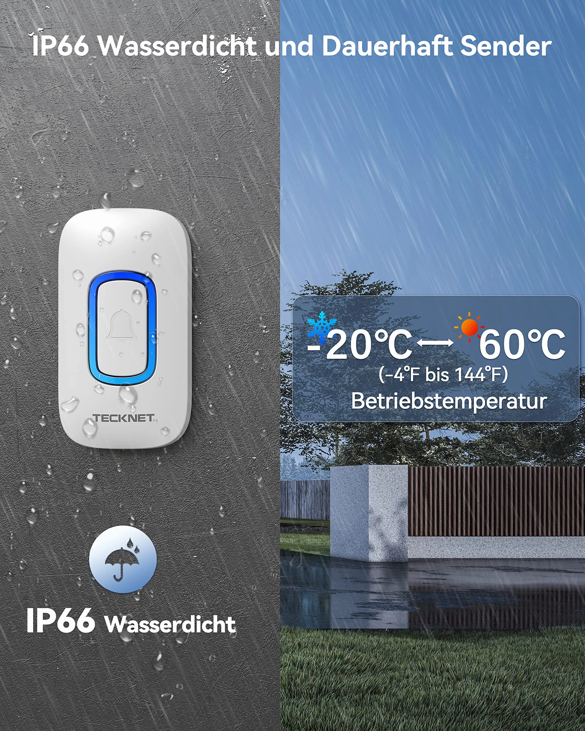 TECKNET Bezprzewodowy Dzwonek z 2 Przenośnymi Odbiornikami, Dzwonienie z RGB, Na baterie, IP66, Zestaw Dzwonków Wodoodpornych, Zasięg 1300ft, 60 Melodii i 5 Poziomów Głośności, Czas Pracy do 4,5 Roku