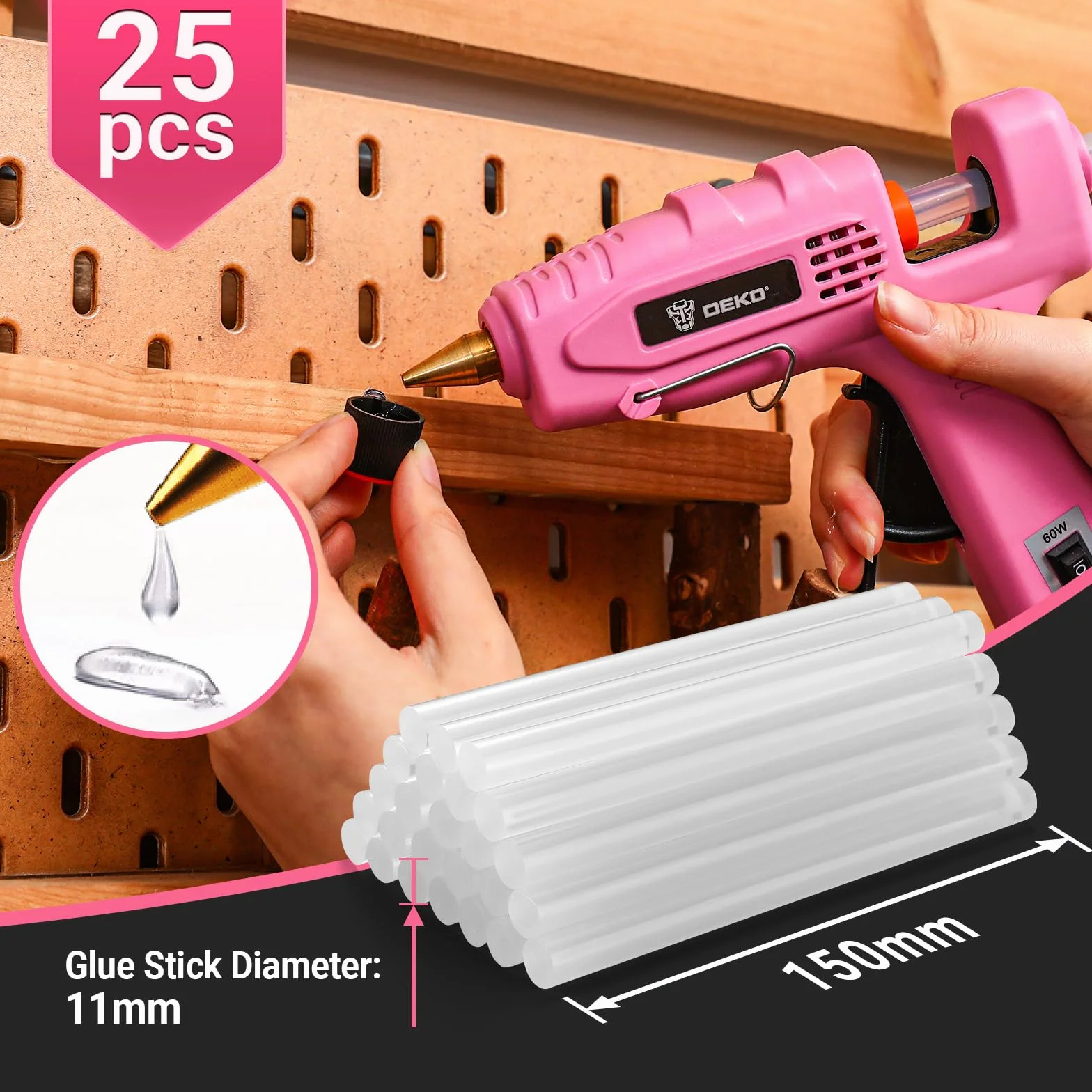 Pistolet do klejenia na gorąco 60/100 W: DEKO pistolet do klejenia z 25 pałeczkami do klejenia na gorąco 11 mm x 100 mm, do majsterkowania, sztuki, rzemiosła i szybkich napraw w domu i biurze, różowy