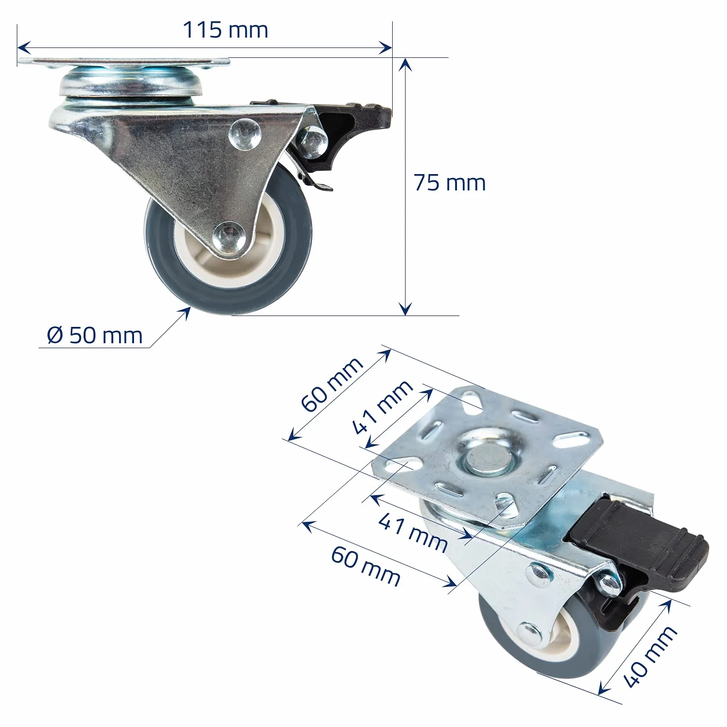 HMF 6720 Podwójne kółka do dużych obciążeń, z hamulcem, poliuretan, 4 sztuki, 50 mm, do 400 kg, szare