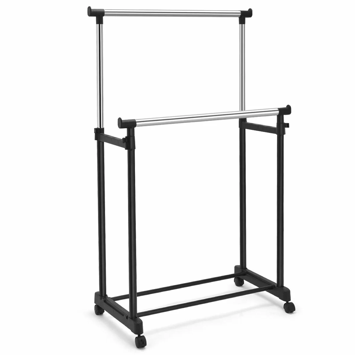 COSTWAY Wieszak na ubrania z 2 drążkami regulacja wysokości stojak na kółkach 86x43x94-168 cm czarny