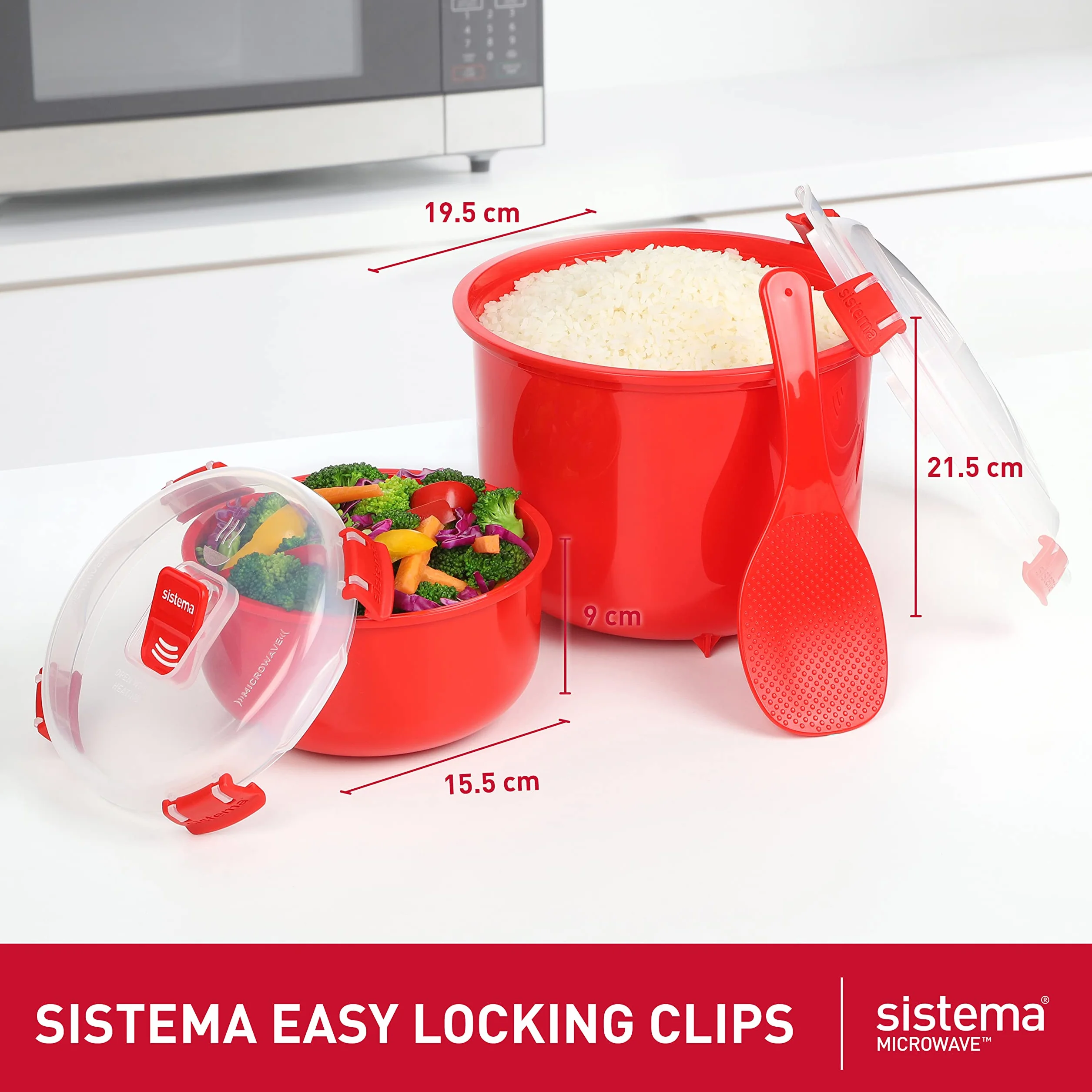 Sistema Microwave szybkowar do ryżu, 2,6 l, okrągły pojemnik na żywność w kuchence mikrofalowej (915 ml), nie zawiera BPA, czerwony [82001]