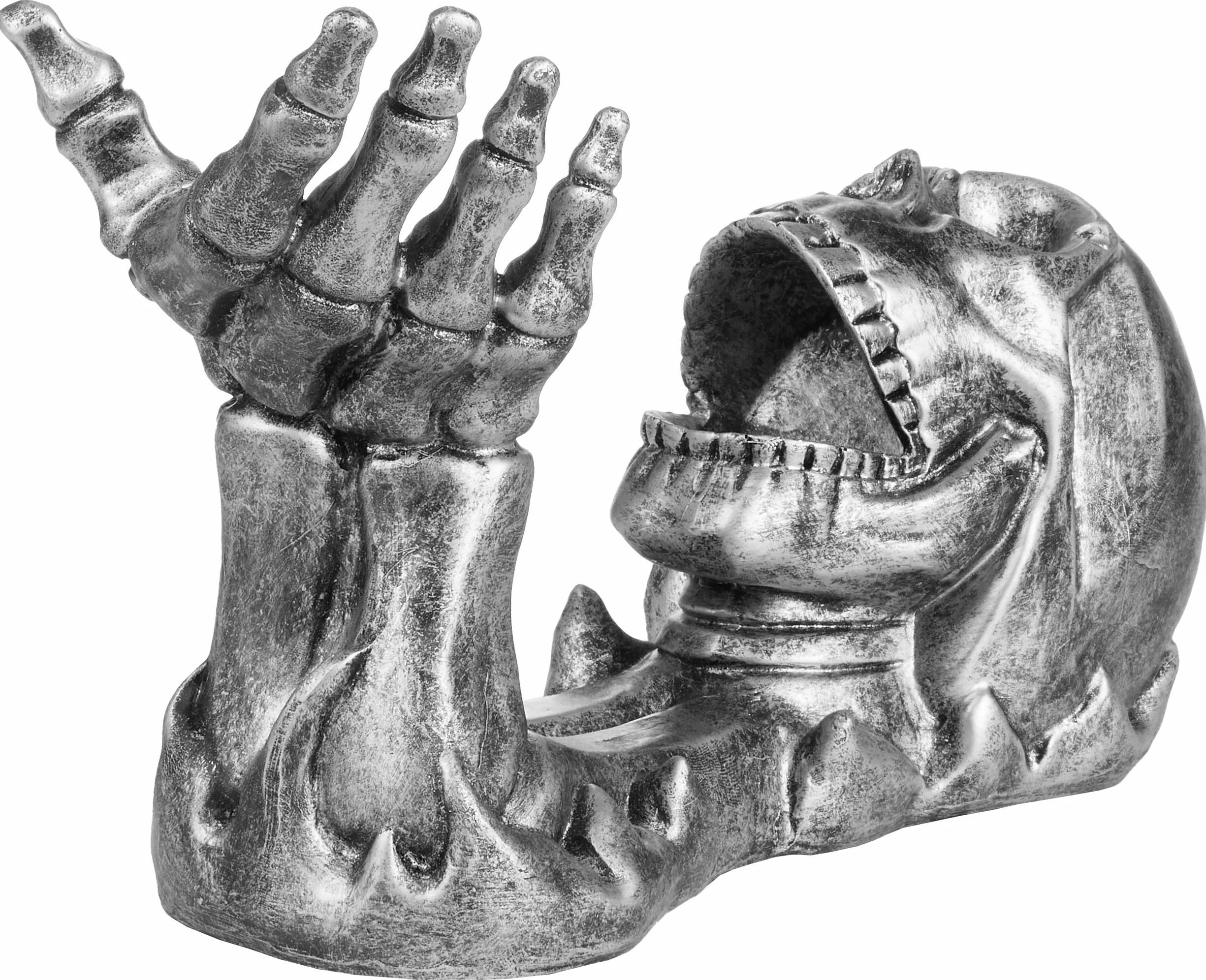 BRUBAKER Uchwyt na butelkę wina czaszka - uchwyt na butelkę do picia czaszka ze szkieletem ręka srebrny - stojak na butelkę Deco Figurka ręcznie malowane akcesoria do wina - śmieszna dekoracja