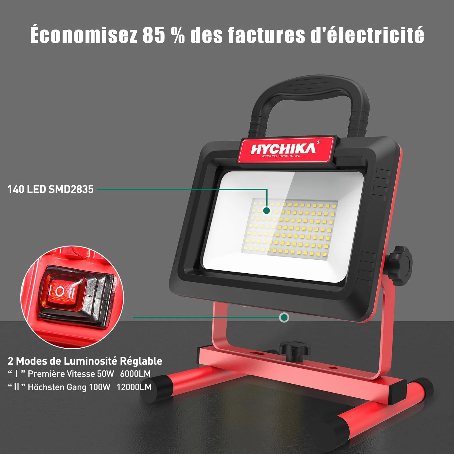 Reflektor budowlany LED 100W, HYCHIKA Reflektor LED 12000 LM 6500K, 2 tryby regulowanej jasności, 360 stopni obrotu Wodoodporne IP65 Światło robocze obrotowe, 3 m kabel z wtyczką do warsztatu budowy