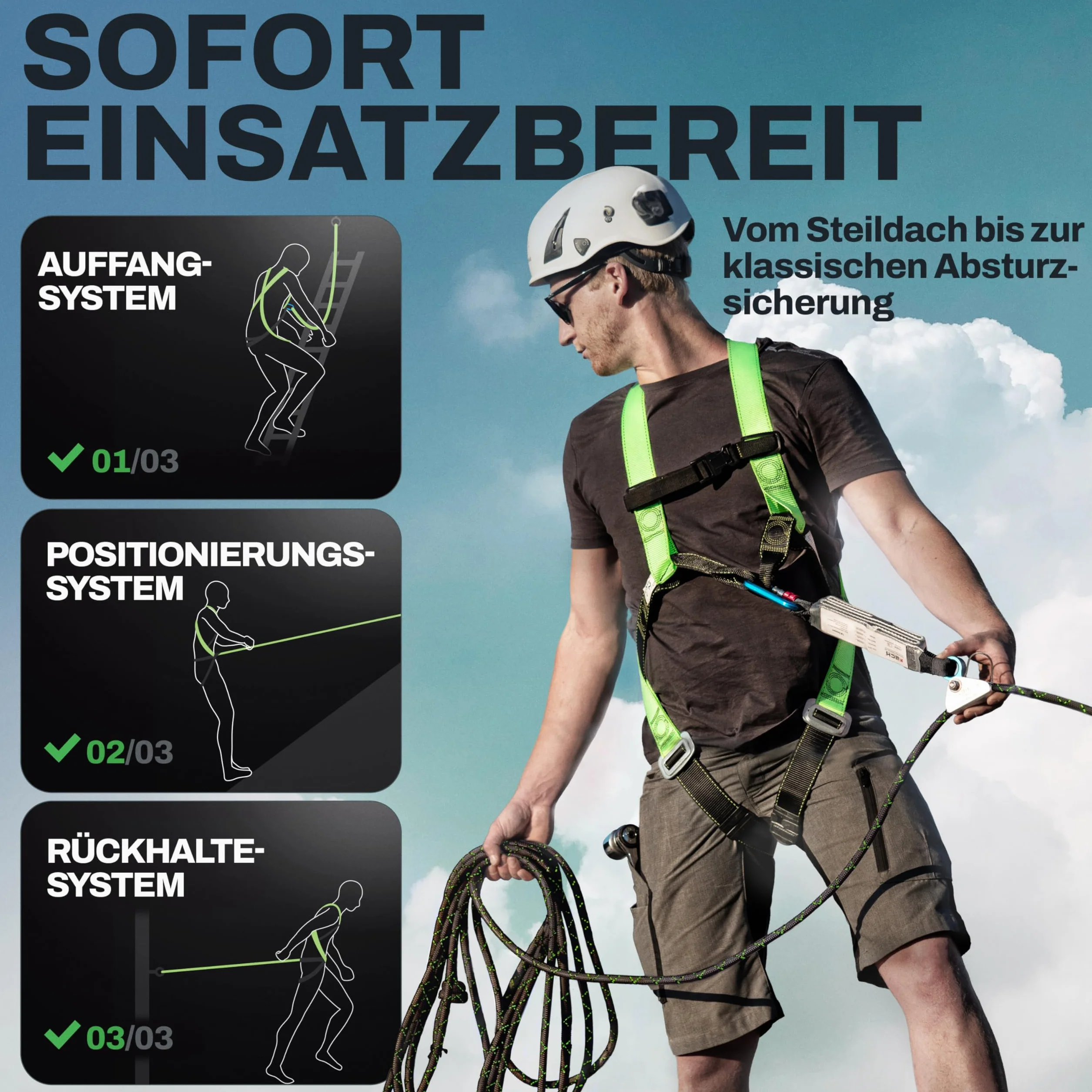 FLG Safetytec Fallschutz Komplettset - 2-Punkt Auffanggurt mit 10m Verbindungsmittel und 2m Bandschlinge für maximale Sicherheit bei Höhenarbeiten gem. EN353 / 361/795