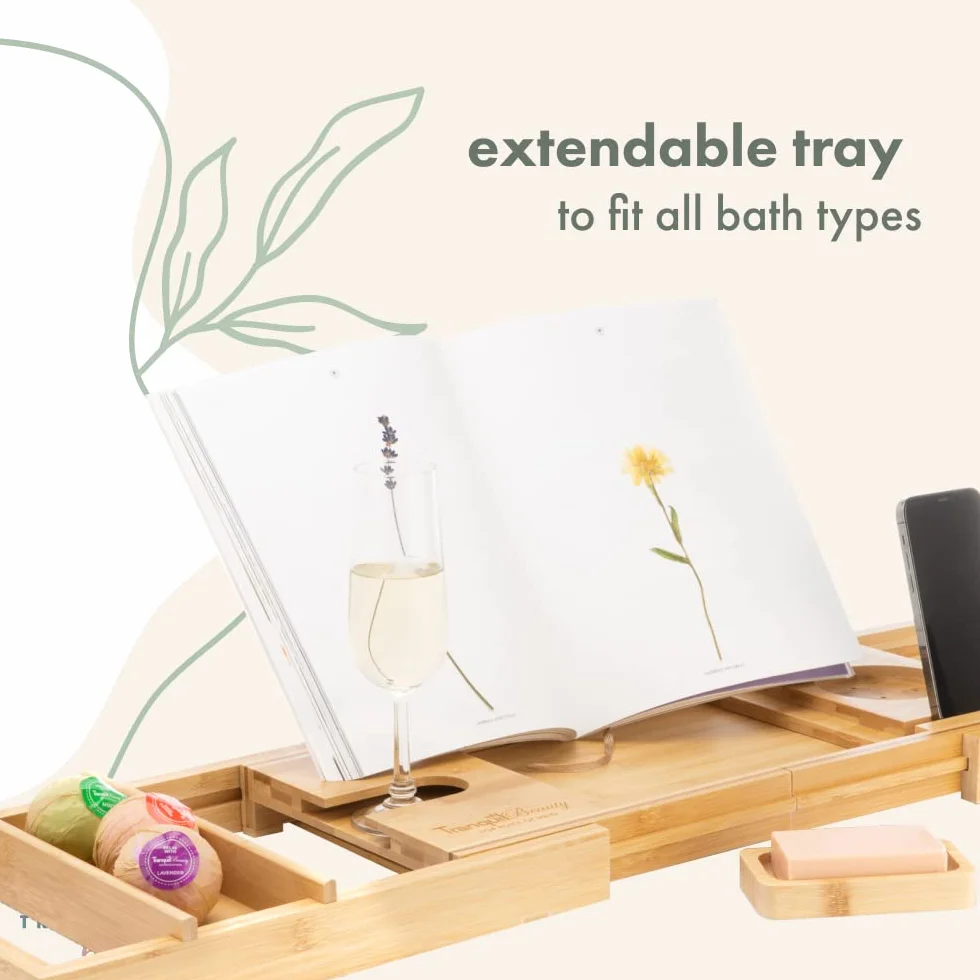 Tranquil Beauty Premium pojemnik na wannę, naturalny, zrównoważony bambus, deska łazienkowa z iPadem, tabletem i stojakiem na telefon, wysuwany drewniany stojak na wannę, regulowana taca łazienkowa z