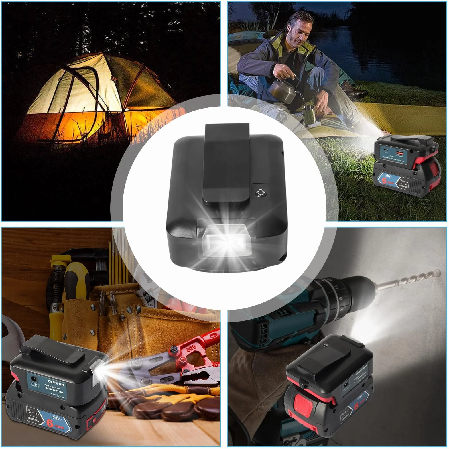 Adapter ładowarki USB QUPERR do profesjonalnych akumulatorów Bosch 18 V z portem DC 12 V i dwoma portami USB oraz lampą roboczą LED i klipsem do paska (akumulator nie wchodzi w skład zestawu)