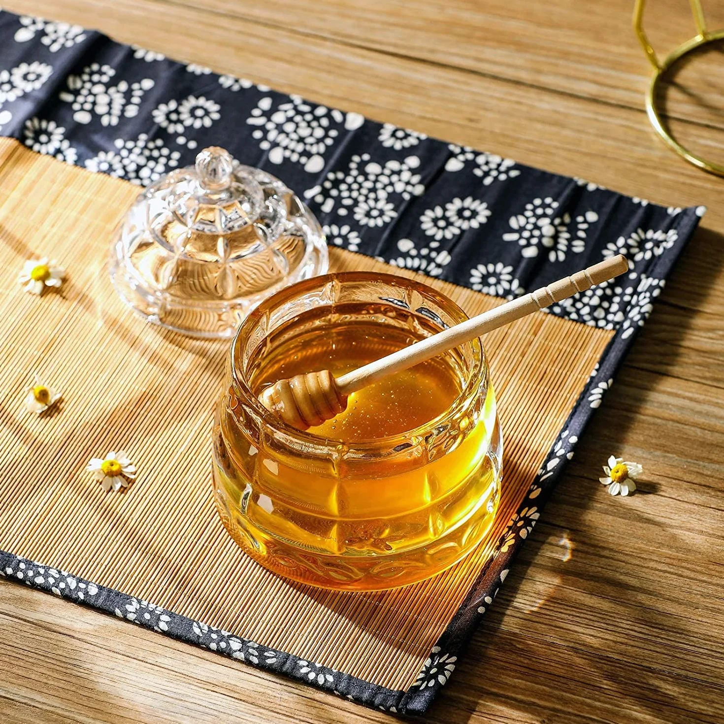 Kryształowo przezroczysty szklany słoik na miód z łyżką i pokrywką, 325 ml doniczka na miód do blatu lub dekoracji stołu