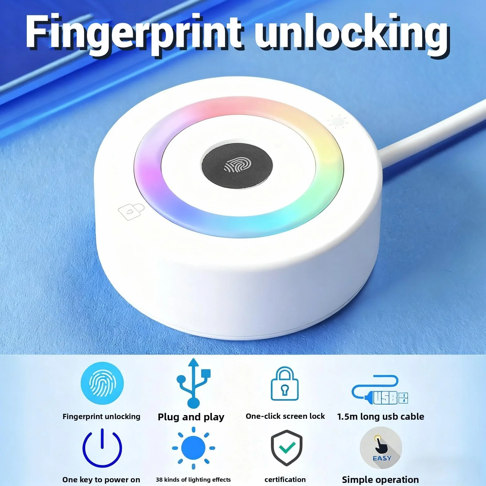 Vikye Czytnik Linii Papilarnych USB dla Wygranych Hello, Dotykowy Skaner Biometryczny 360° dla Wygranych 10/11 z reakcją 0,5 Sekundy, Obsługuje 10 Odcisków Palców, Kabel 1,5 M
