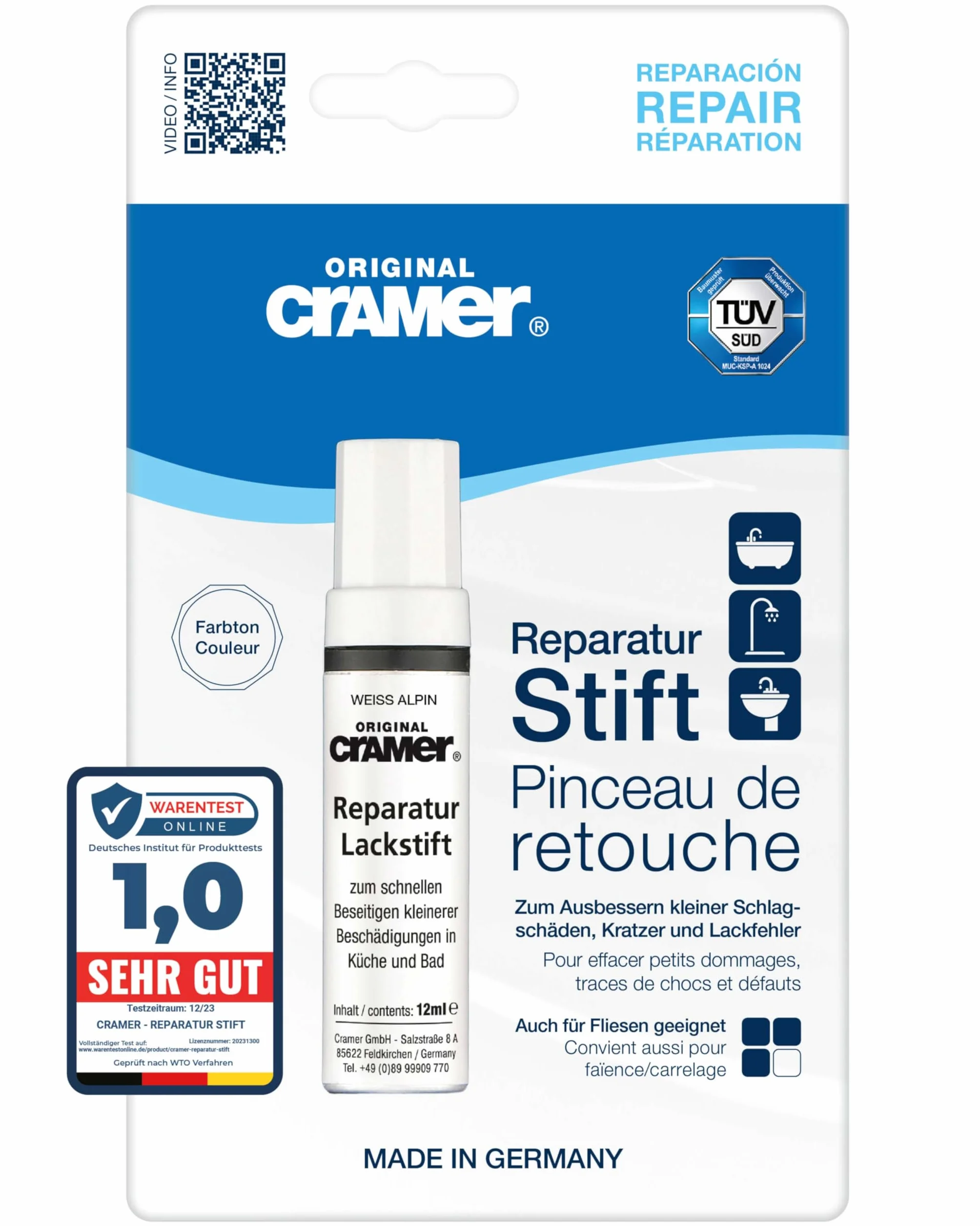 Cramer 15080 Lakier Lakier Sanitarny do Naprawy Mniejszych Uszkodzeń Wanien, Brodzików, Umywalek i Płytek w Sztyfcie, Biały Alpejski (Biały Sanitarny), 12 ml