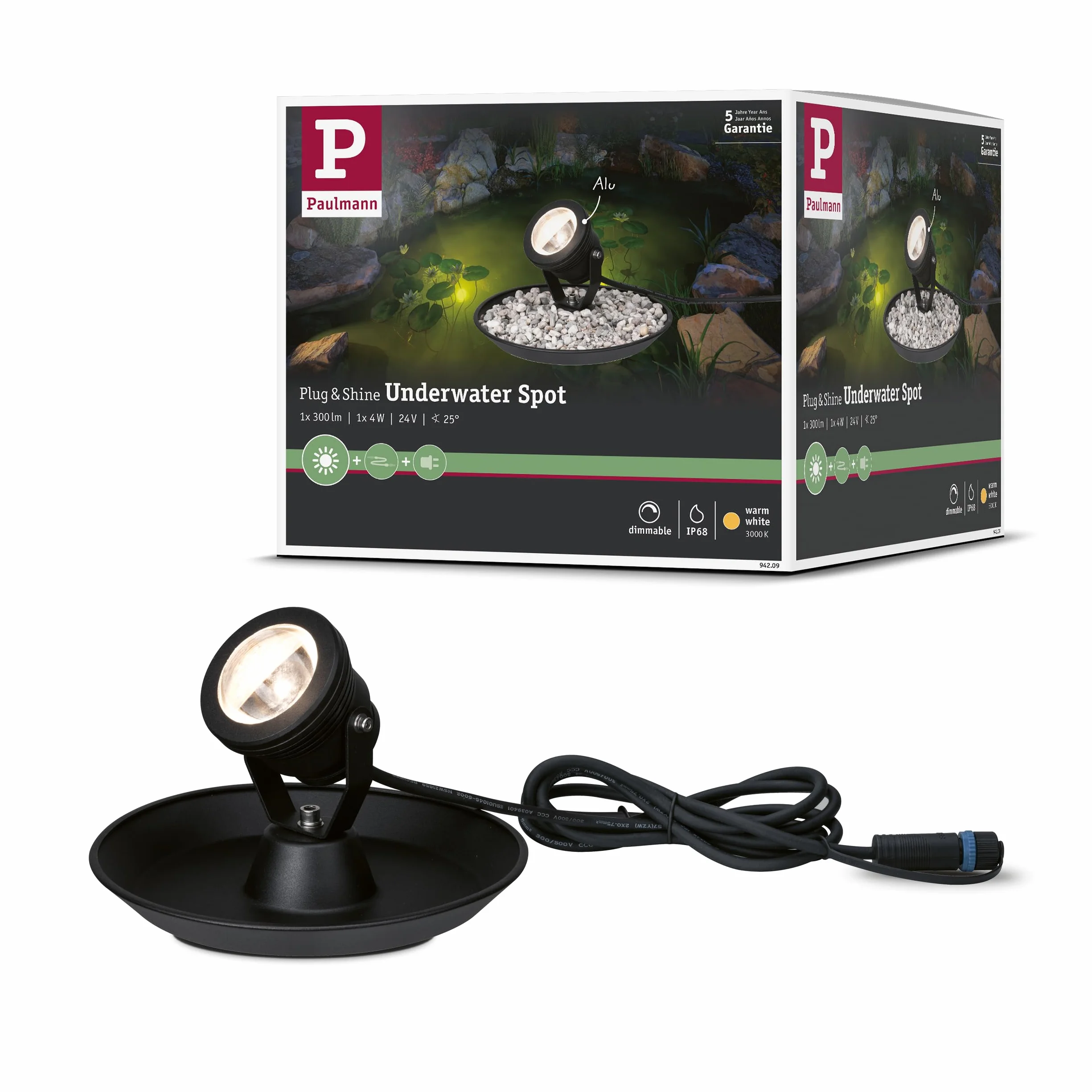 Paulmann 94209 Plug & Shine LED oprawa zewn. oprawa do stawu okrągła w kompl. ściemn. 1x2,8 W IP68 na zewnątrz czarna opr.ogrod. alu. 3000 K