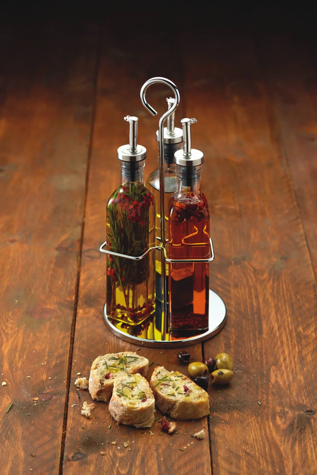 KitchenCraft World of Flavours, zestaw butelek na olej i ocet ze stelażem ze stali nierdzewnej i zdejmowanym korkiem, dozownik oleju, butelka na oliwę z oliwek i butelka octu ze szkła, zestaw 4 sztuk