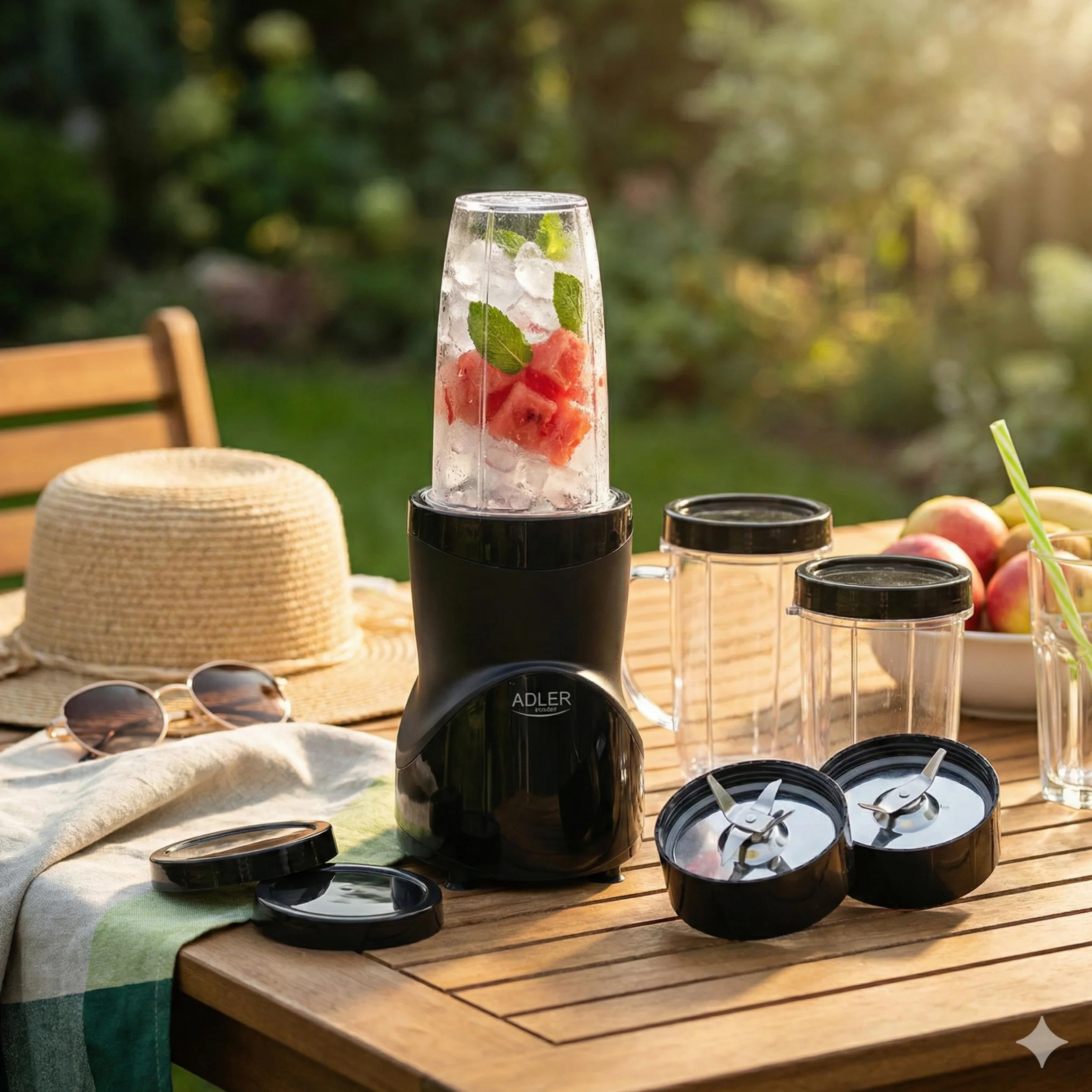 ADLER EUROPE Blender kielichowy, blender do smoothie i do koktajli, mikser personalny, kruszy lód, 1200W, wolne od BPA, 3 bidony i kubek, ostrza ze stali nierdzewnej z 4 nożami i z 2 nożami