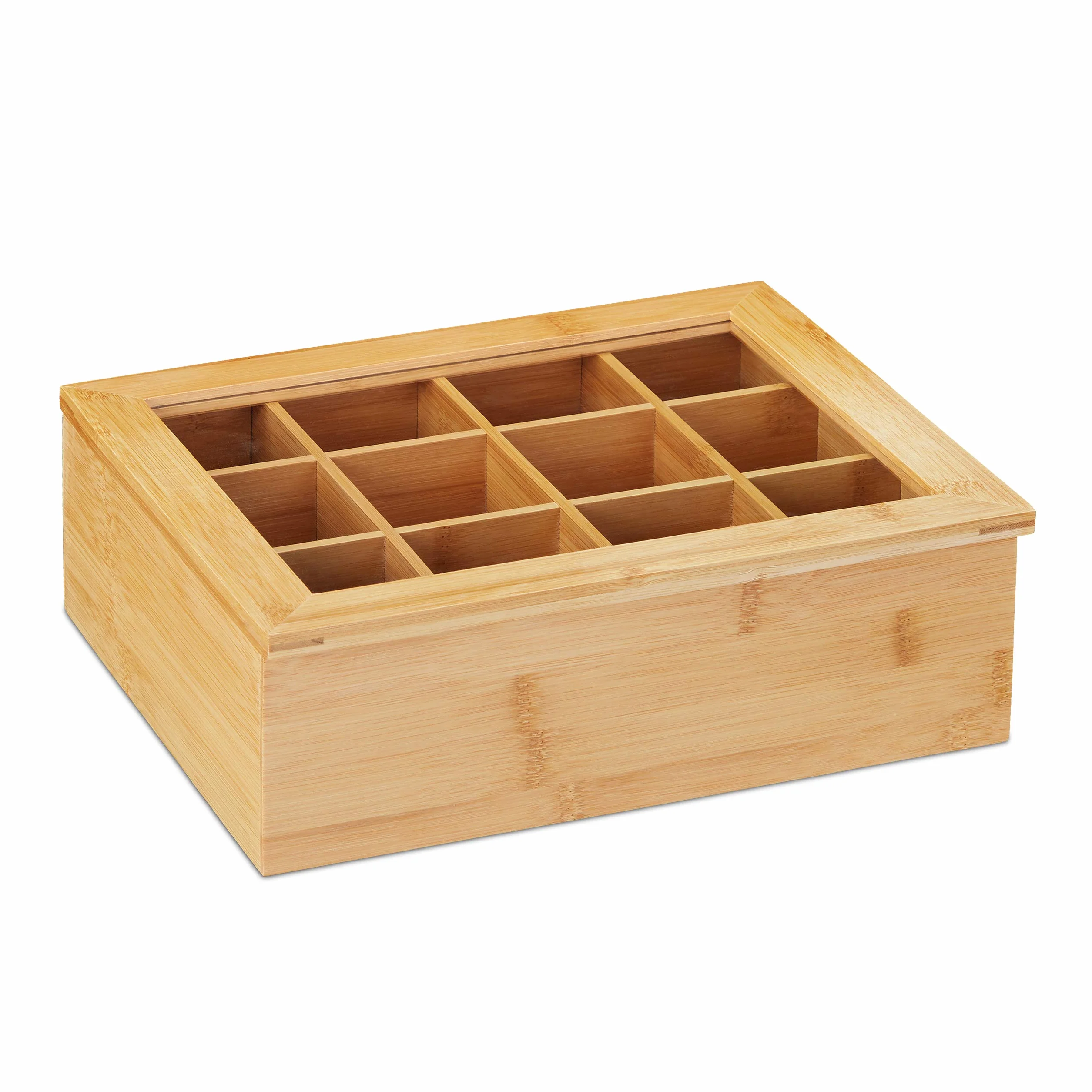 Relaxdays Pudełko na herbatę, bambus, 12 przegródek, skrzynka na herbatę z okienkiem, organizer na torebki herbaty, wys. x szer. x gł.: ok. 9 x 28 x 23 cm, kolor naturalny, 10032112