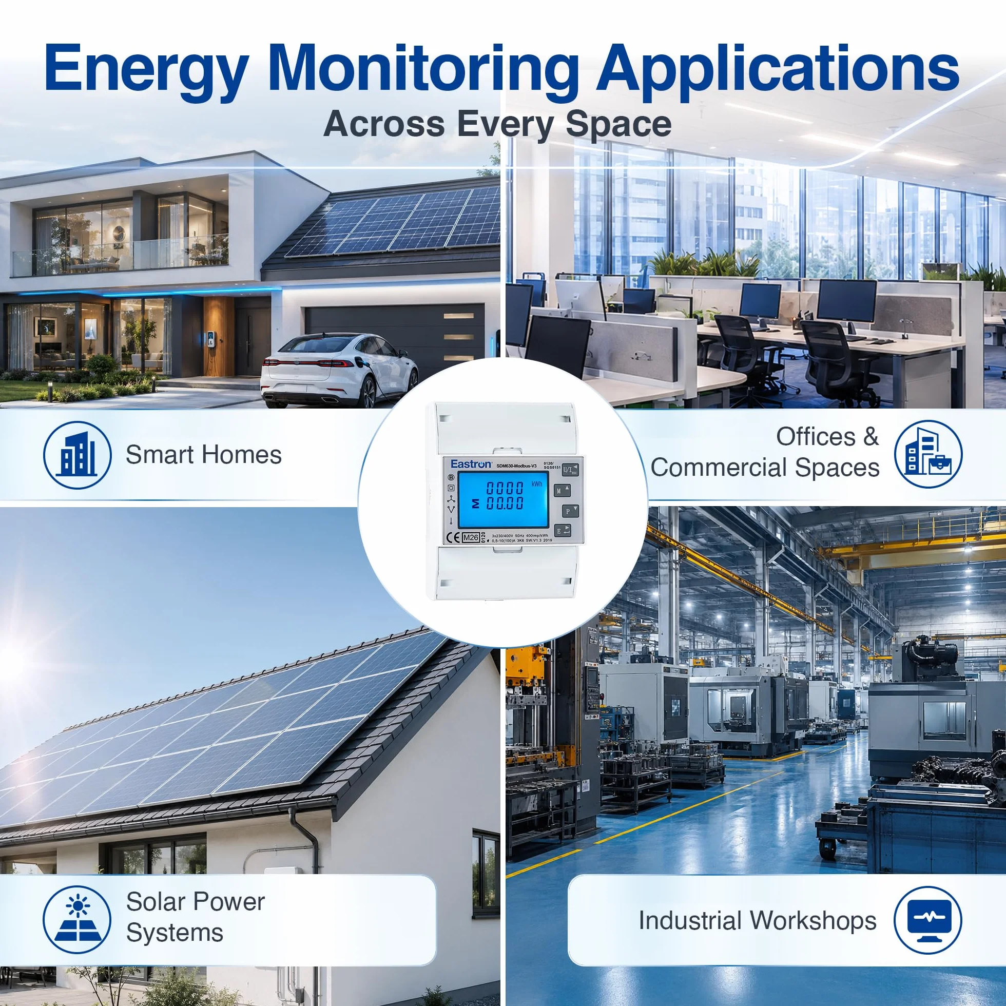 Eastron SDM630Modbus-V3 trójfazowy licznik energii elektrycznej, cyfrowy licznik prądu na szynę DIN, wielofunkcyjny, dwukierunkowy z 2x S0, RS485 Modbus-RTU