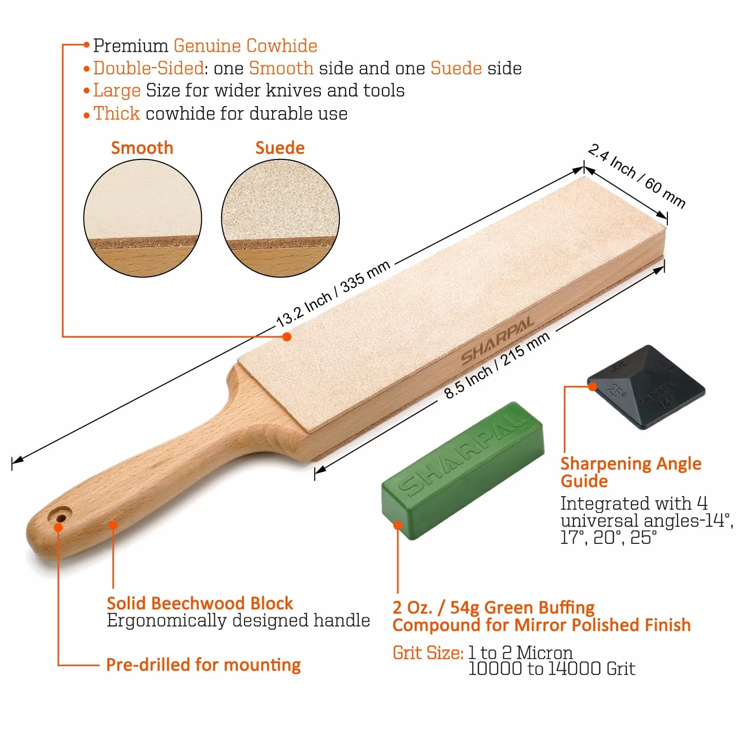 SHARPAL 205H dwustronny skórzany pasek szlifierski (330 x 60 mm), zestaw z pastą polerską 53 g i prowadnicą kątową, blok na noże do ostrzenia i ostrzenia noży