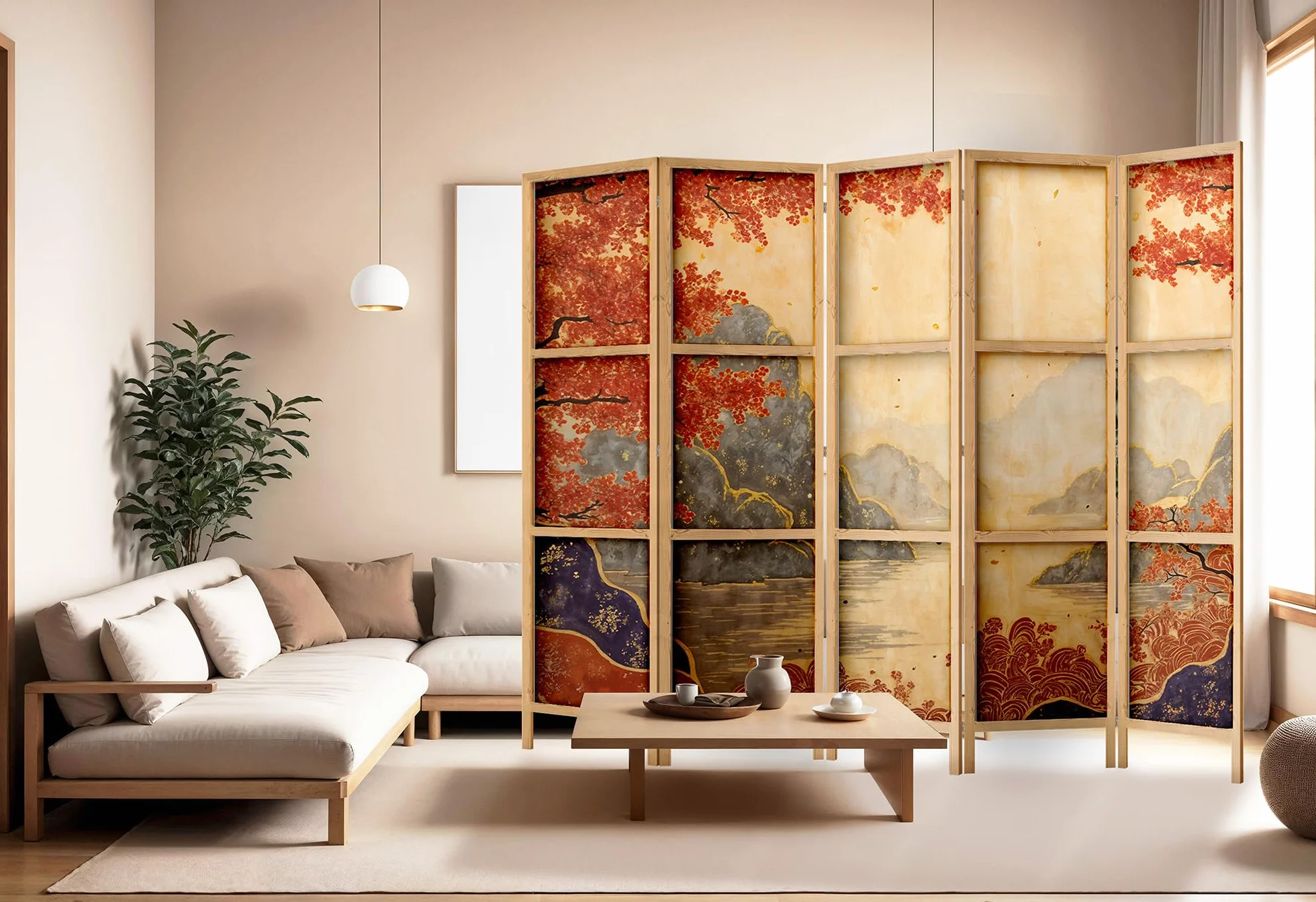 Parawan parawan z drewna 225 x 172 cm, 5-częściowy, jednostronny, w orientalnym stylu