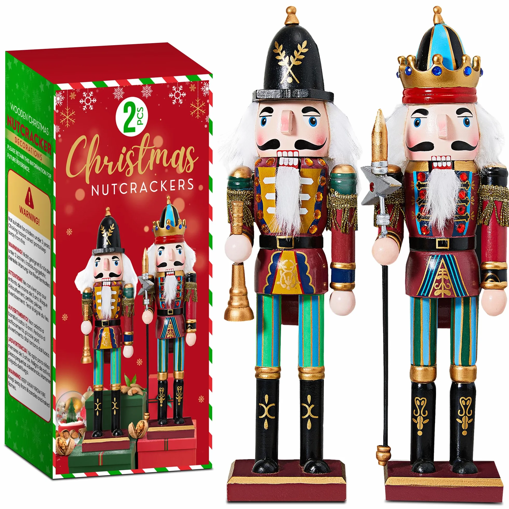 REDSTAR Świąteczny dziadek do orzechów, żołnierz, 30 cm, drewniany dziadek do orzechów, dekoracje świąteczne do kominka, 2 szt., drewniane figurki, ozdoby do wnętrz, Boże Narodzenie (niebieski)