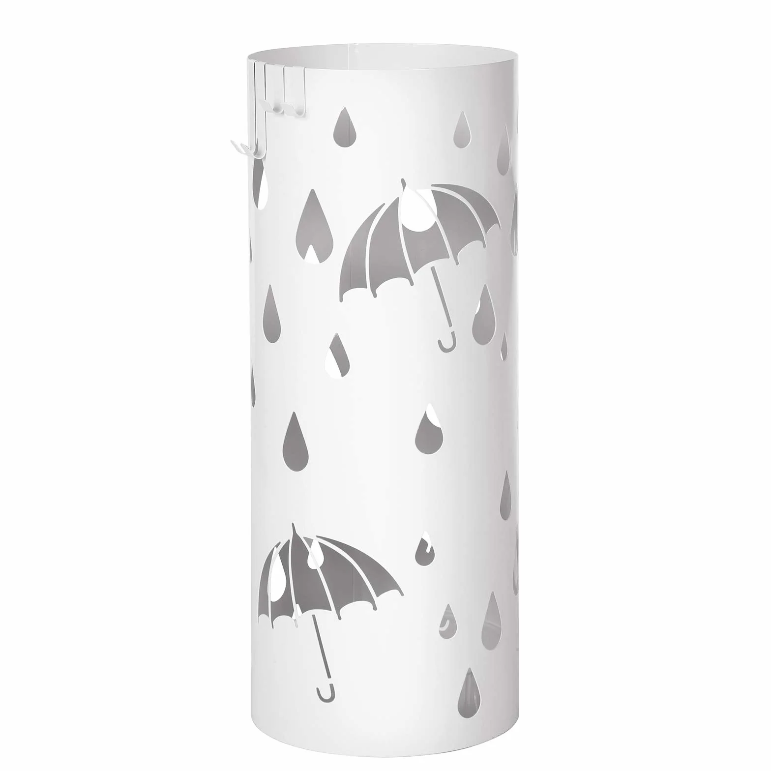 Songmics LUC23W stojak na parasole, z metalu, okrągły stojak na parasole, wyjmowany pojemnik na wodę, z haczykami, 49 x Ø 19,5 cm, biały