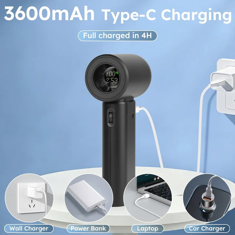 AUAUY Przenośny wentylator ręczny, regulowana prędkość wentylatora 1–100, bateria 3600 mAh, ładowanie USB-C, małe osobiste mini wentylatory z inteligentnym wyświetlaczem LED, wentylatory biurkowe do