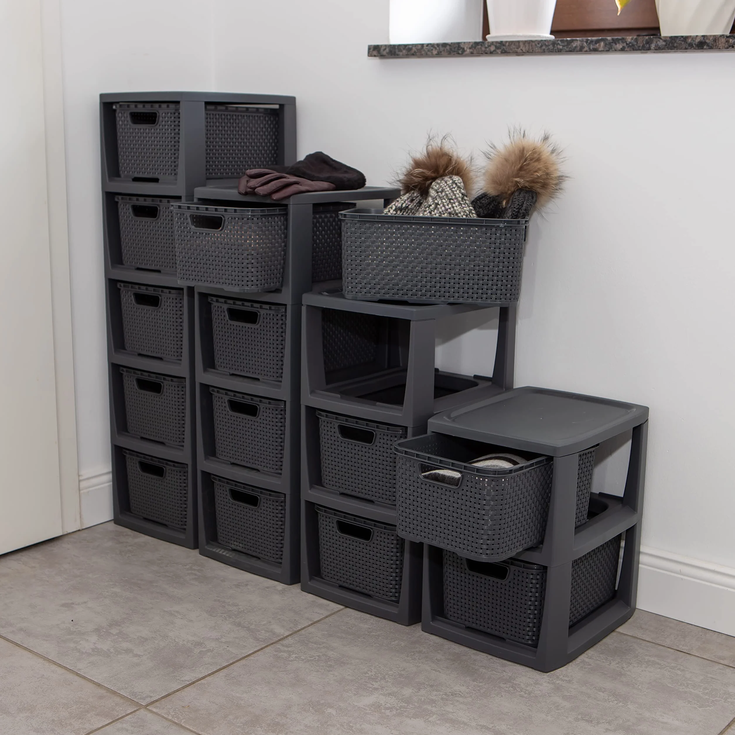 BranQ Home essential kosz rattanowy z recyklingu PP 29,5x24x48,7 cm 3 kosze Eco antracyt