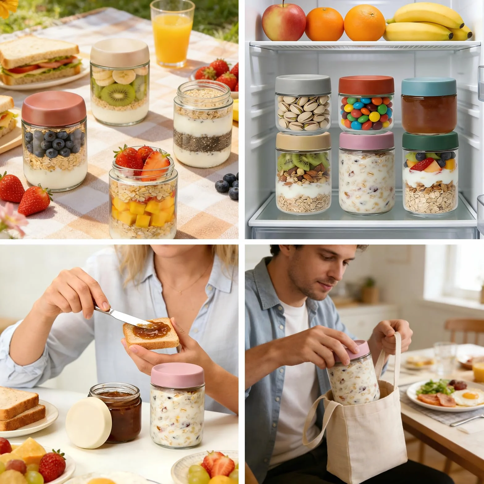 Słoiki na płatki owsiane na noc 4 sztuki 500 ml Słoiki z zakręcaną pokrywką do domowych dżemów, jogurtów, pudding, jako pojemniki do przygotowywania posiłków typu mason jar