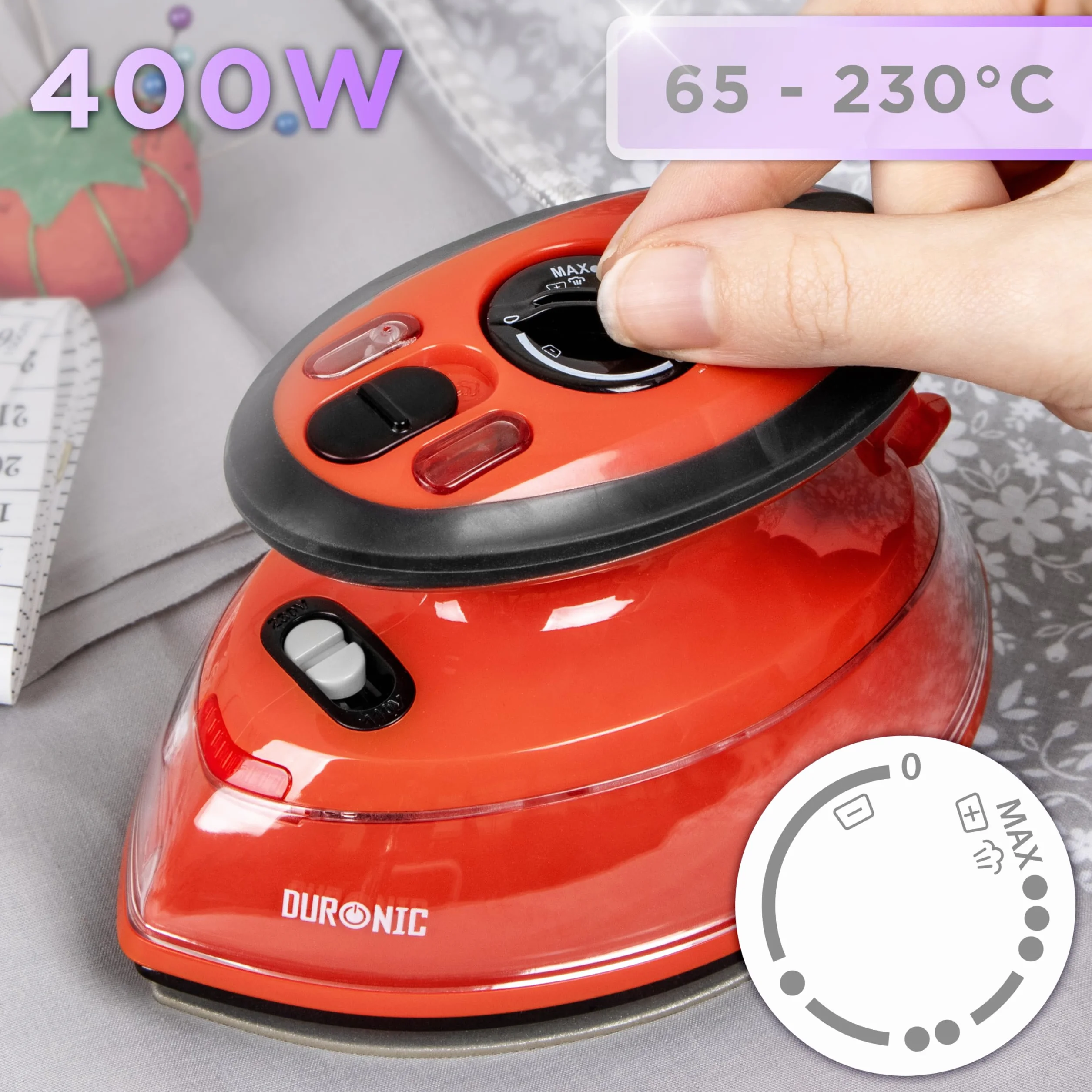 Duronic SI3 RD Żelazko podróżne małe 400W z pokrowcem i pojemnikiem na wodę 50ml | funkcja pary | turystyczne mini żelazko na wyjazdy | nieprzywierająca stopka | regulacja temperatury | 220V lub 110V