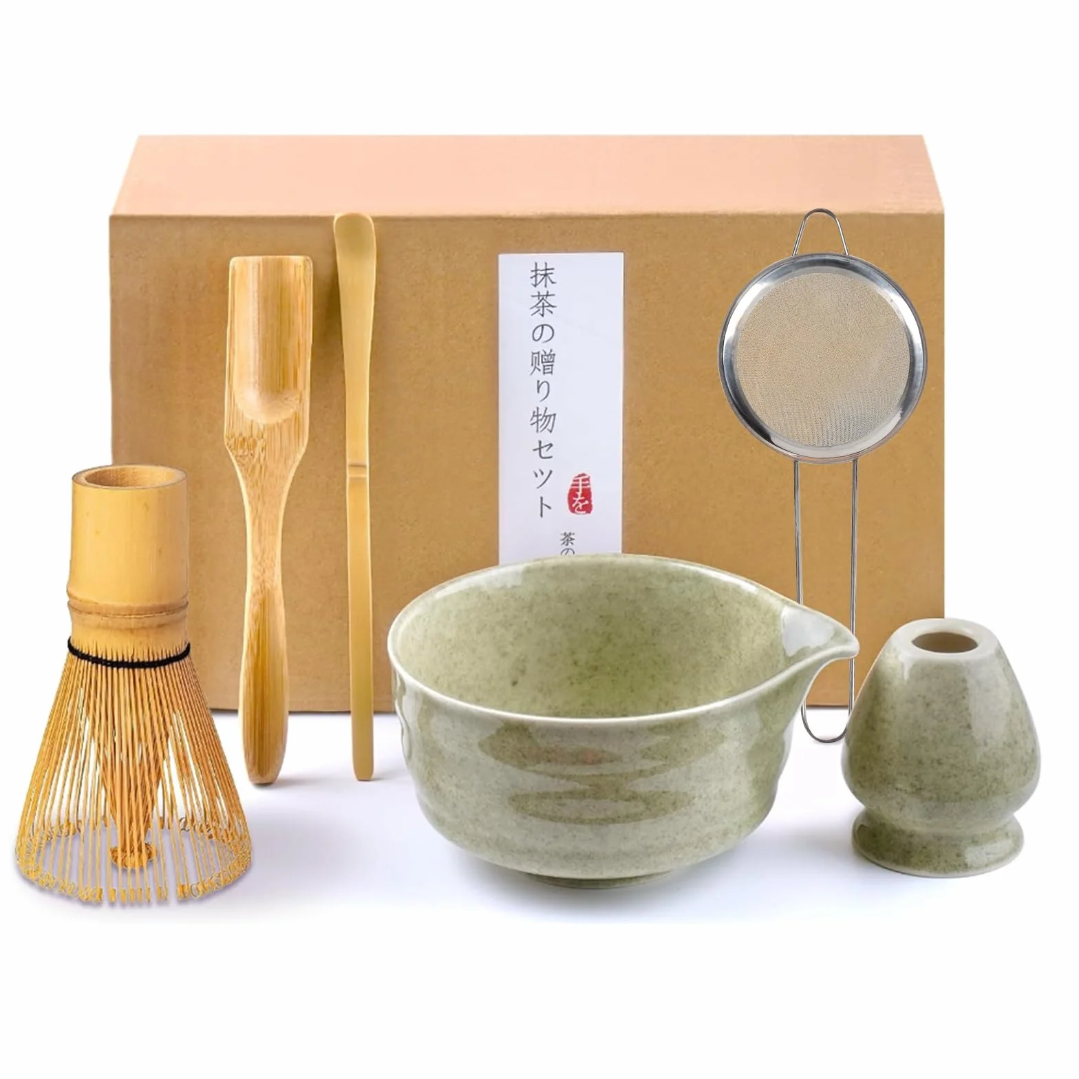 Zestaw Matcha 6 Elementów Trzepaczka Sitko Miseczka Bambusowe Łyżki Ceramiczny Stojak