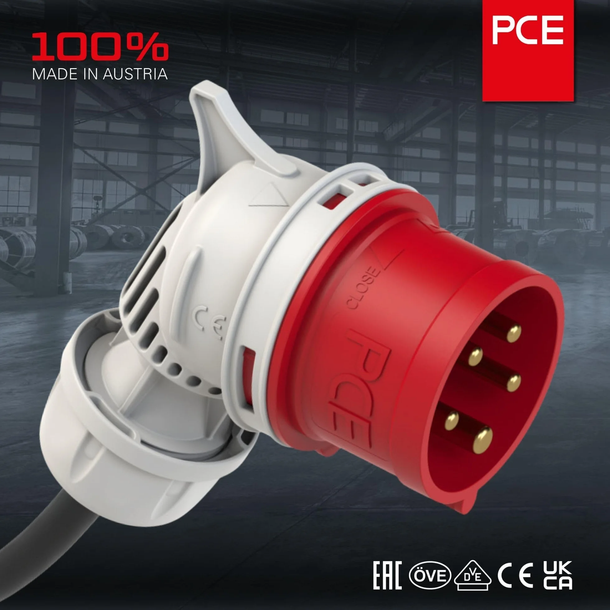PCE 8025-6 wtyczka kątowa CEE, 32 A, 5-biegunowa, 6 h, IP44, Twist, czerwona, 400 V, kątowa wtyczka przemysłowa CEE, ochrona przed rozbryzgami wody, wtyczka CEE do warsztatu, generatora i przyczepy
