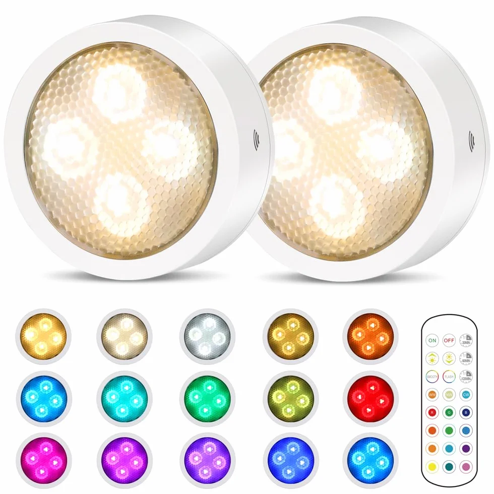 Onumii Lampki kuchenne podszafkowe, zasilane bateriami, lampki LED do szafki, bezprzewodowy licznik RGB, kolorowy krążek z pilotem zdalnego sterowania, 2 sztuki, białe, (T048)
