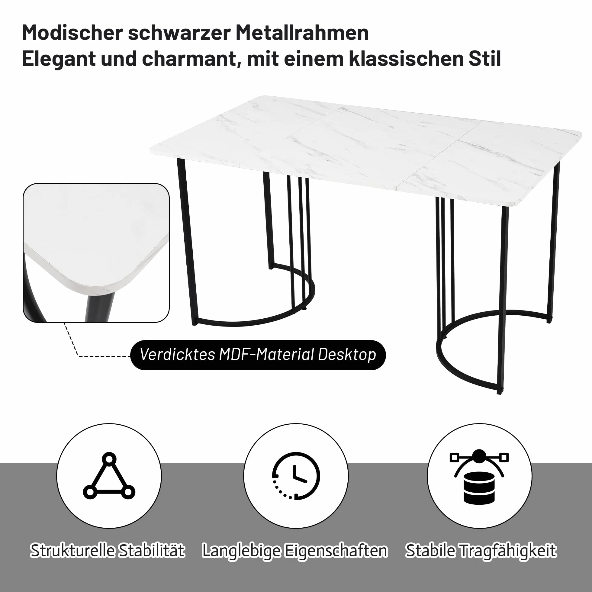 Zestaw do jadalni (5-częściowy), stół do jadalni z 4 krzesłami, nowoczesny zestaw mebli kuchennych, 140 x 80 cm, stół kuchenny z czarnymi metalowymi nogami, blat stołu MDF w kolorze białym