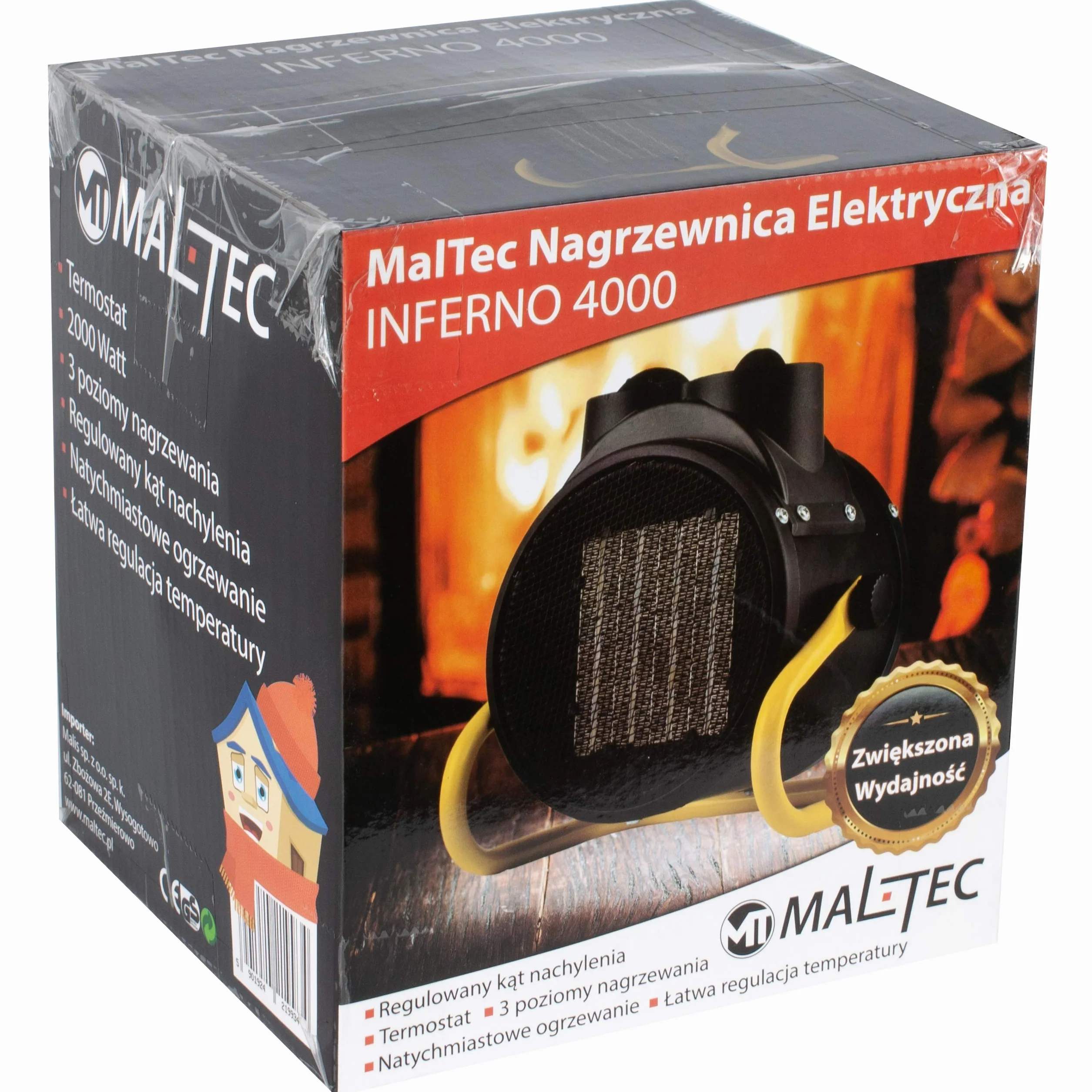 MalTec 5901924219934 Nagrzewnica Elektryczna INFERNO4000 | Grzejnik Elektryczny | Farelka | Regulacja Wentylatora | Termostat | Ceramiczne Elementy | Uchwyt | Duża Moc 2kW