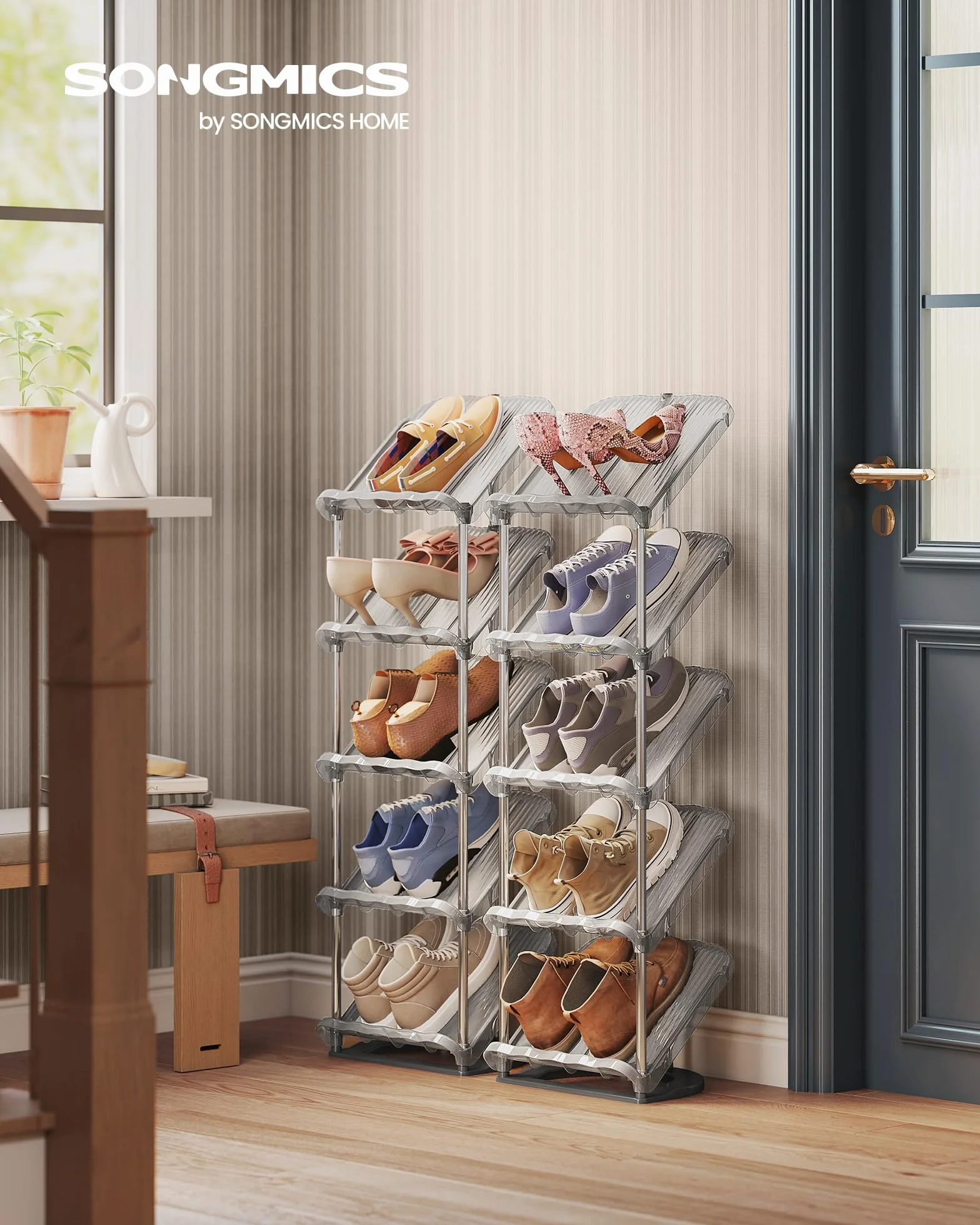 SONGMICS Półka na buty 5 poziomów zestaw 2 szt. skośna organizer plastik 24,5x28,4x102,5 cm szary