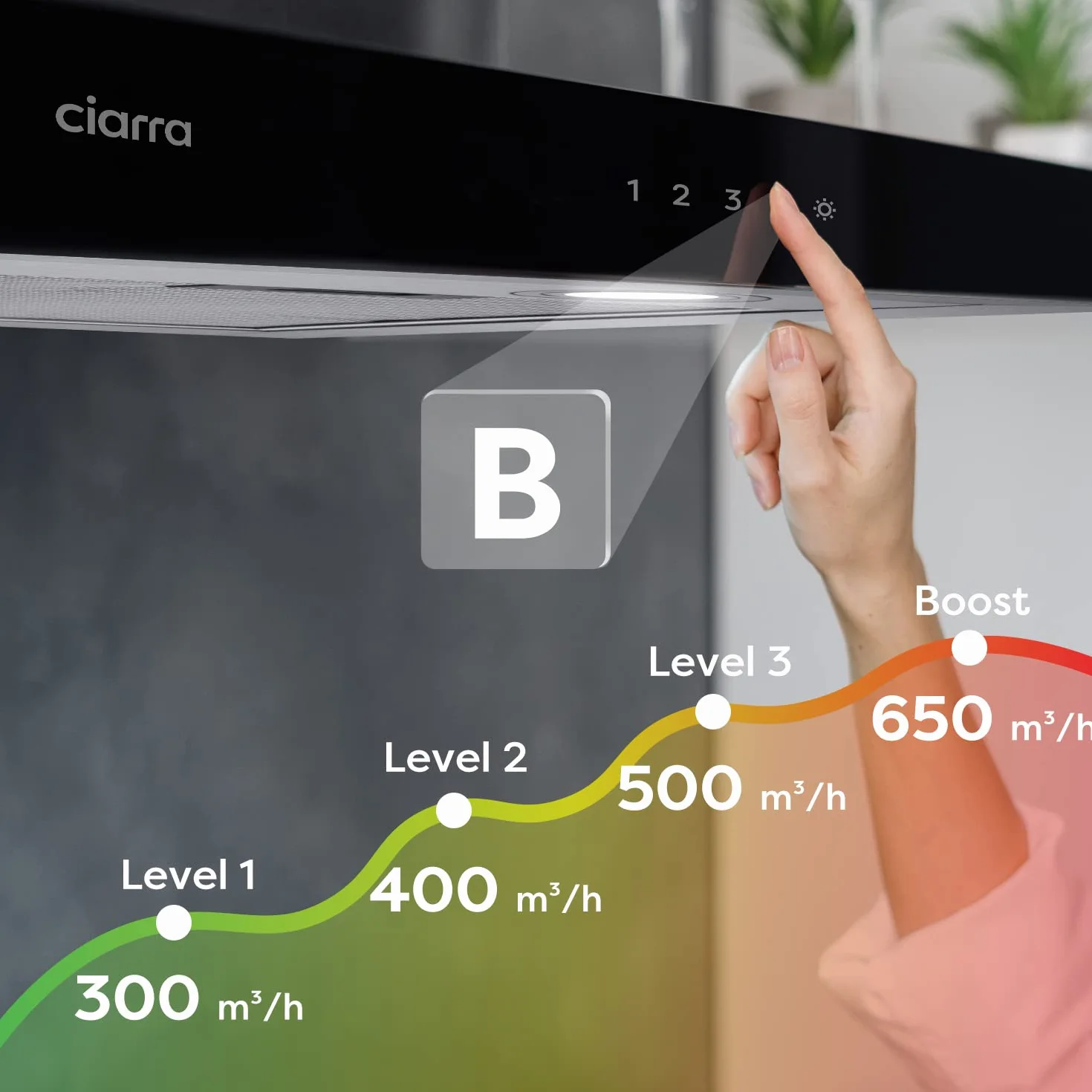 CIARRA CBCS9102 okap kuchenny 90 cm 650 m³/h - wydajność klasy A++ - 4 prędkości - funkcja Boost - cichy okap kuchenny - sterowanie dotykowe - ściemnialna dioda LED - okap ścienny ze stali nierdzewnej