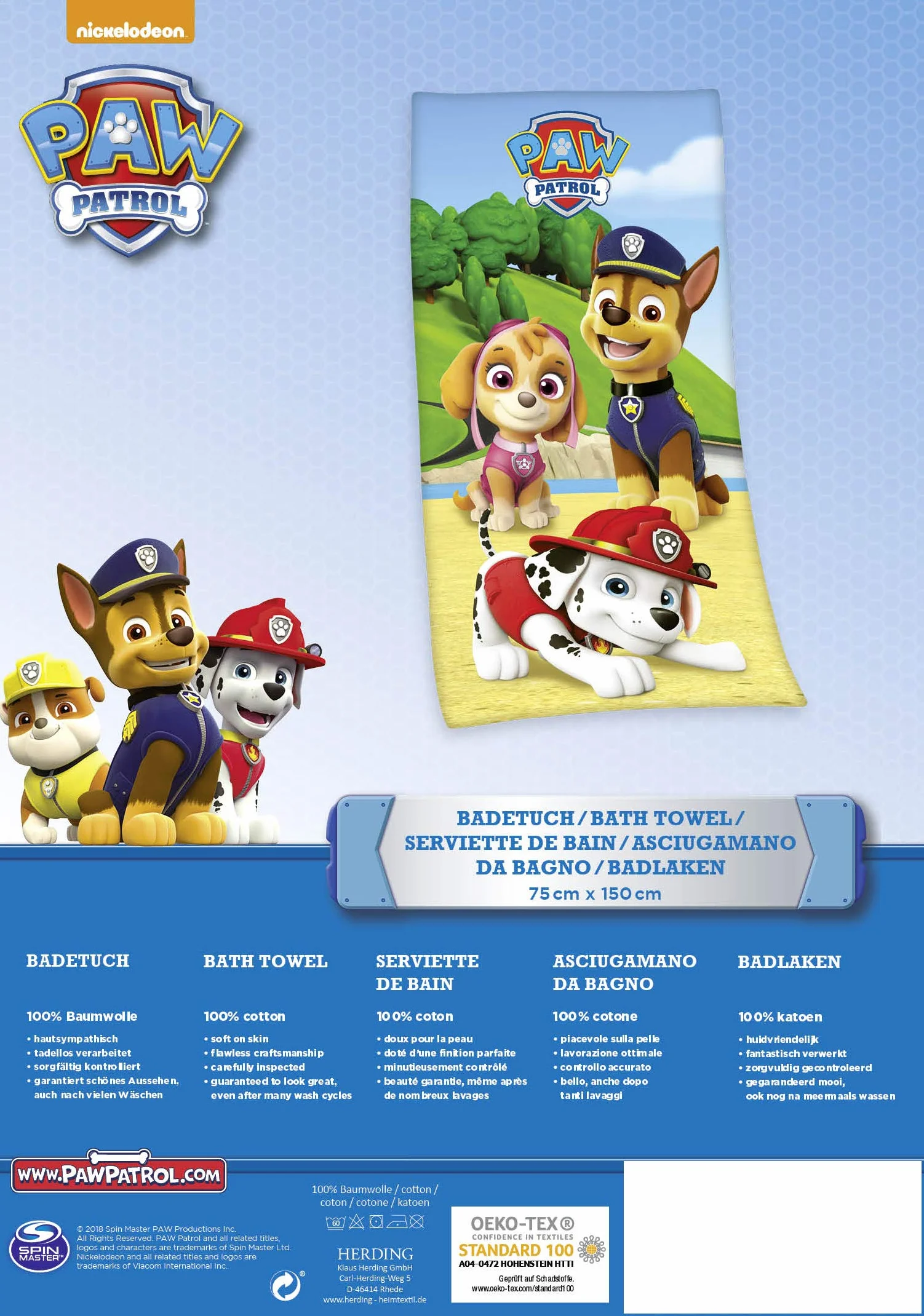 Herding Paw Patrol ręcznik kąpielowy, 150 x 75 cm, bawełna, wielokolorowy
