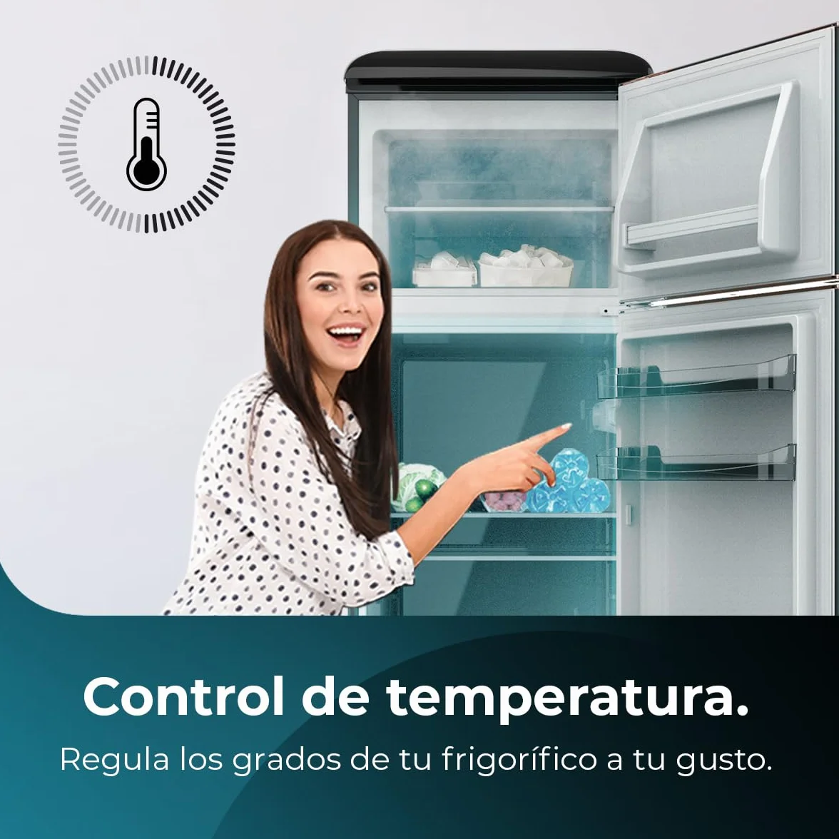 Cecotec 2-drzwiowa lodówka 215 l Bolero CoolMarket 2D Origin 215 Black E. Wysokość 148,2 cm i 55,2 cm szerokości, LED, chromowany uchwyt, szklane tace, regulacja temperatury, czarny